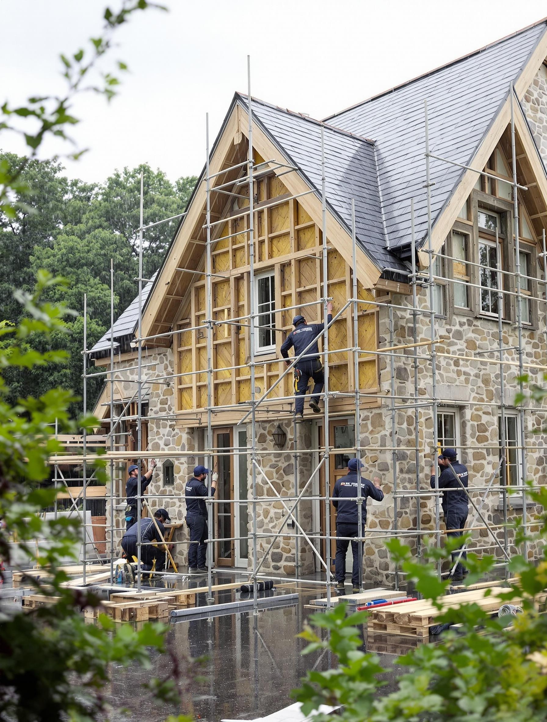 Chantier d'isolation thermique extérieure en Bretagne sous la pluie