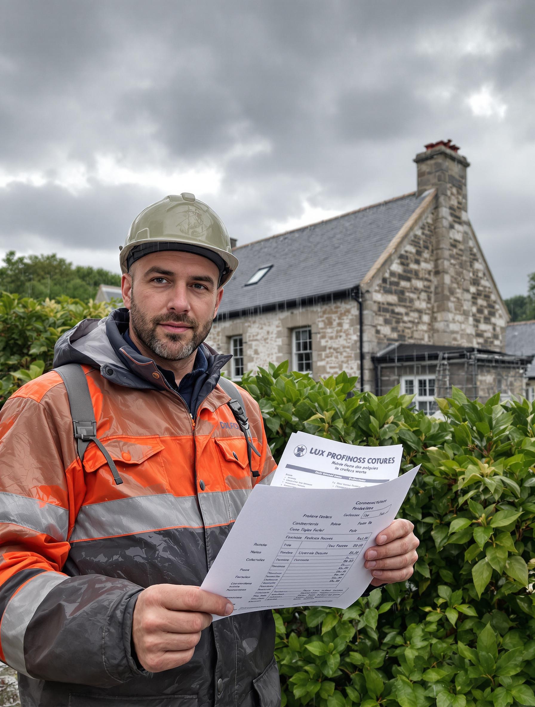 Chantier de façade bretonne sous la pluie avec un artisan consultant un devis détaillé