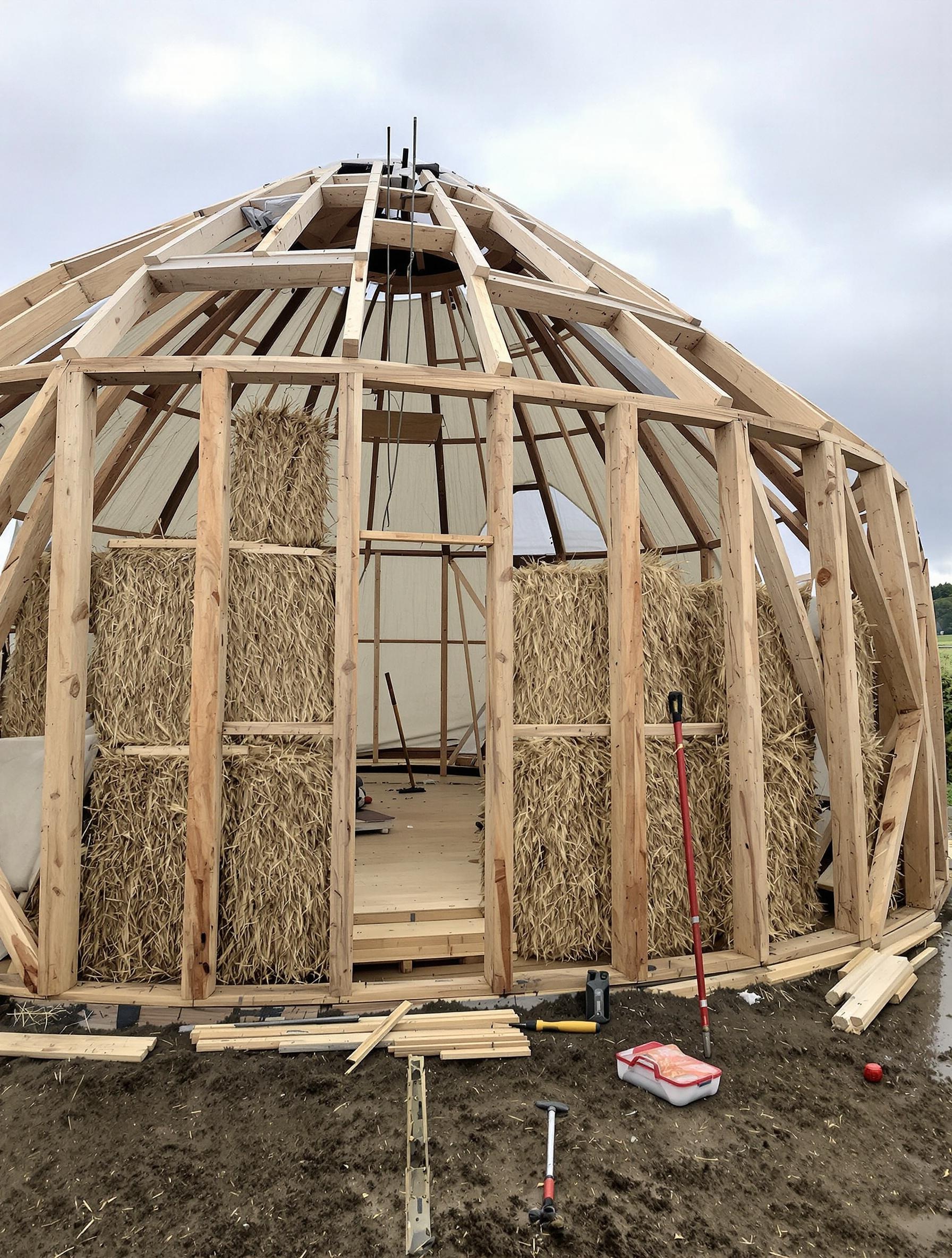 Chantier d'une yourte bioclimatique en Bretagne, structure bois, paille et lin
