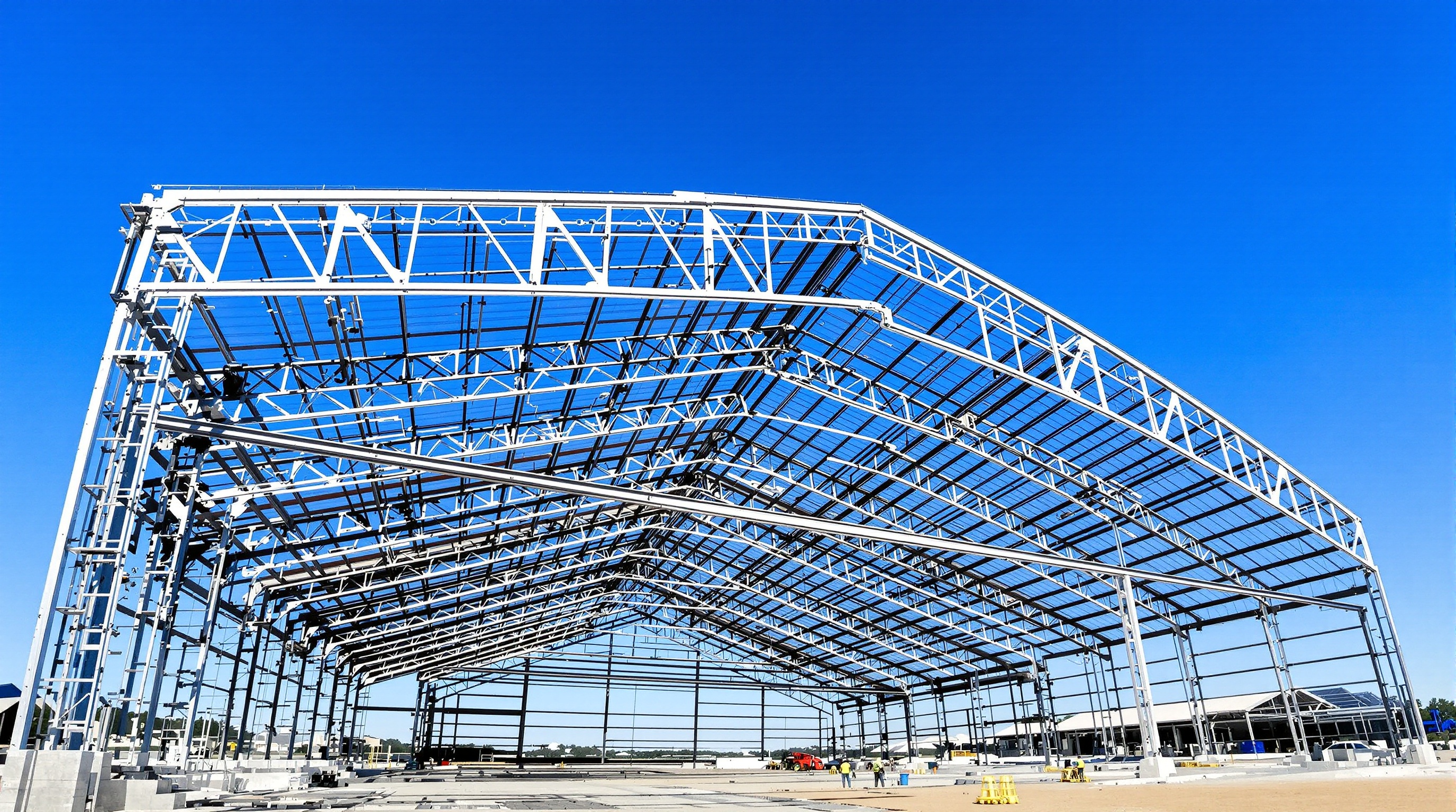 charpente métallique hangar agricole montage rapide acier galvanisé ciel bleu