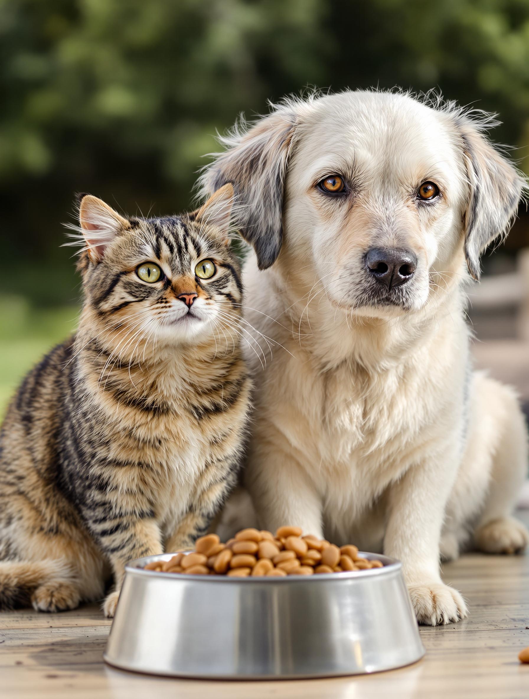 Chat sénior et chien âgé devant un bol de croquettes bio riches en collagène marin