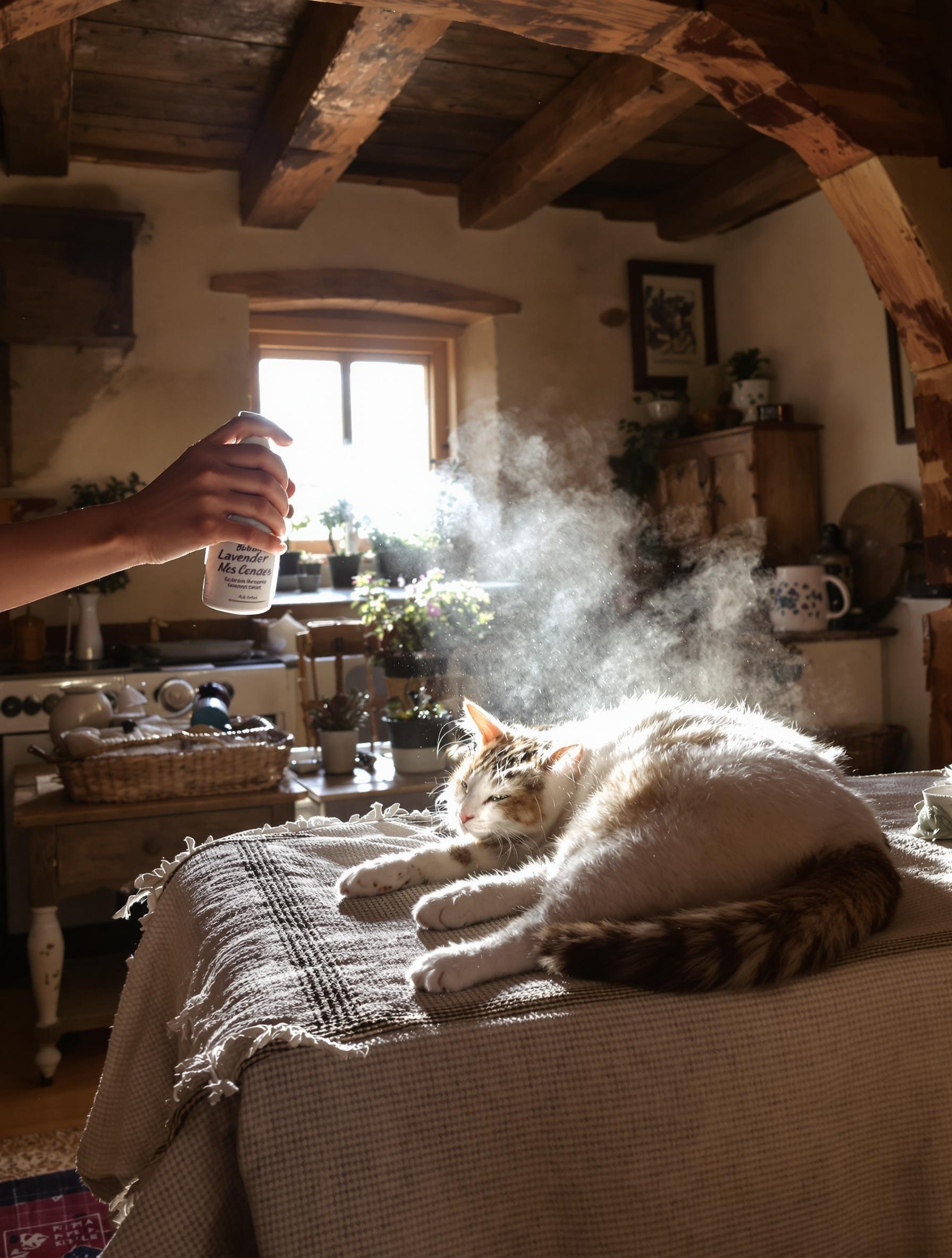 Chat détendu recevant un massage avec spray naturel dans une chaumière bretonne