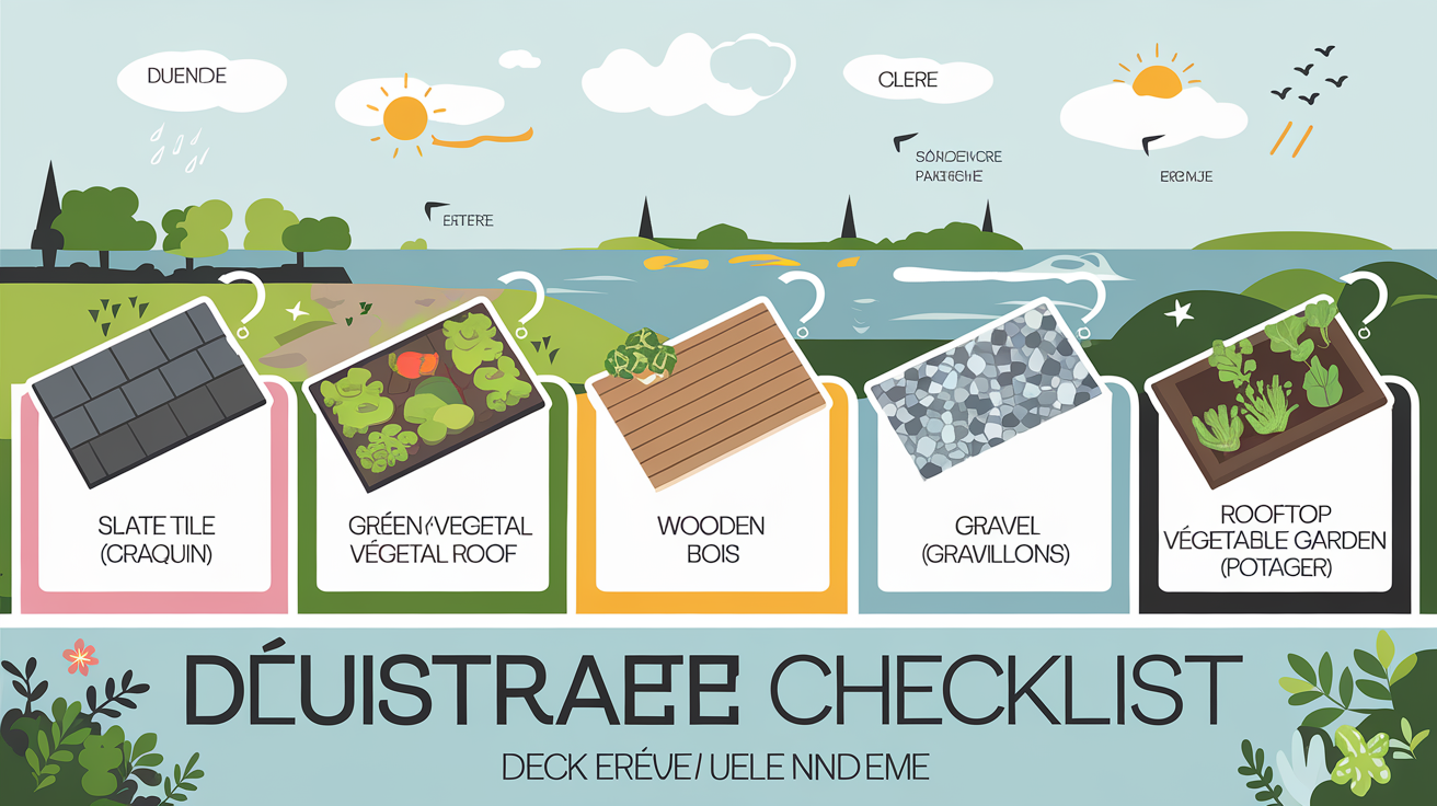 Checklist décisionnelle pour un projet de toiture terrasse en Bretagne, intégrant végétalisation, potager et bois.