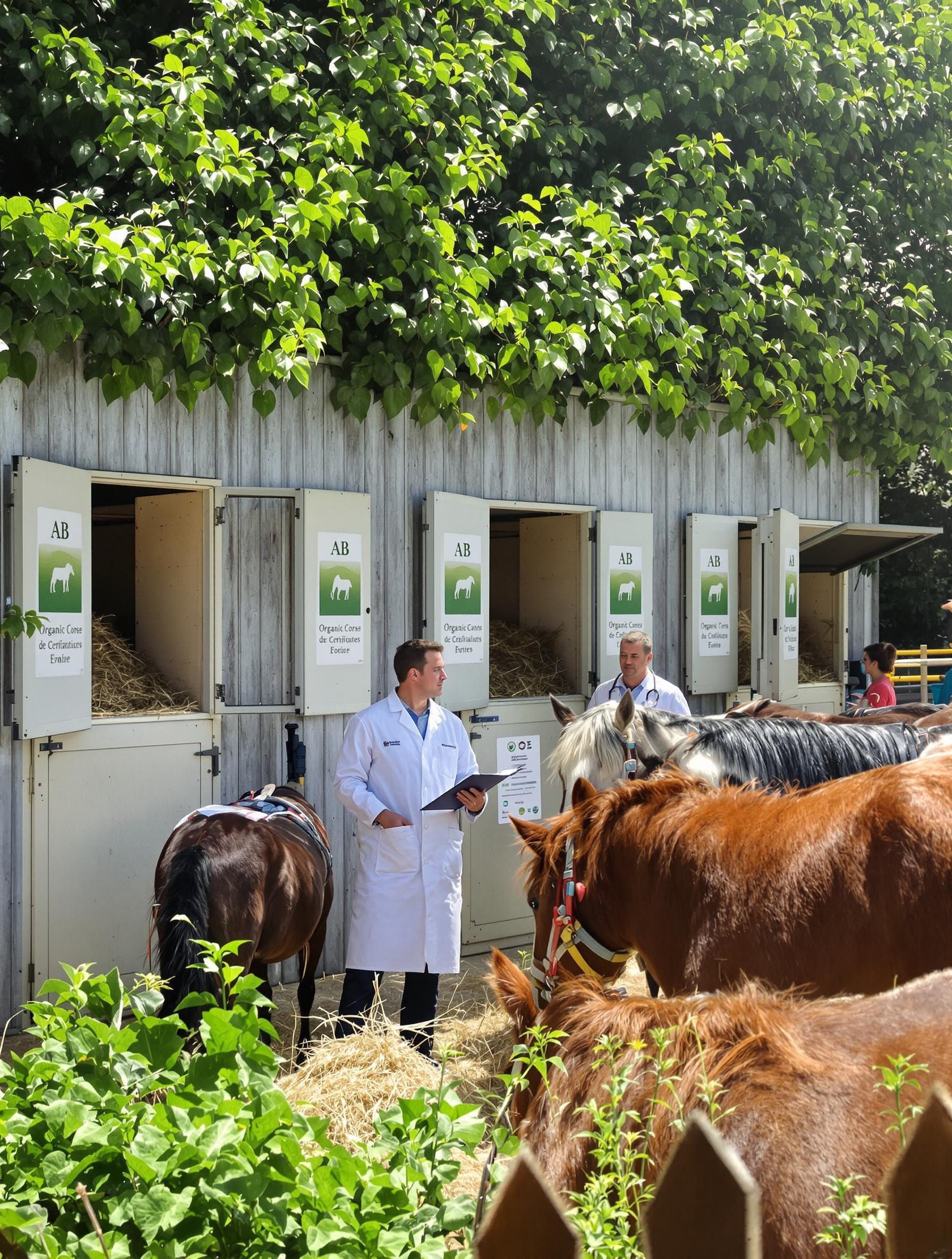 Chevaux dans un paddock bio avec affichage du label AB dans un centre équestre à Guidel