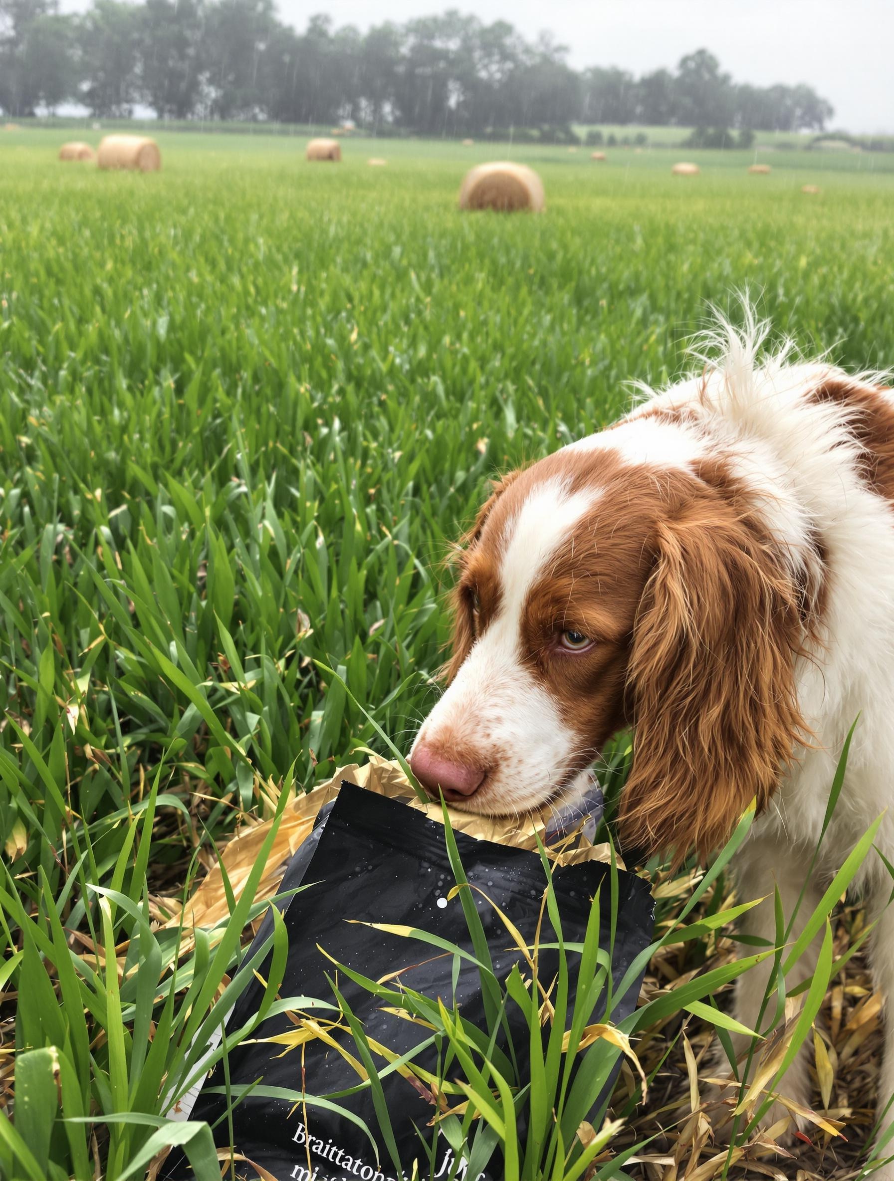 Chien breton flairant un sac de croquettes sous le crachin, entouré de champs verts et bottes de paille