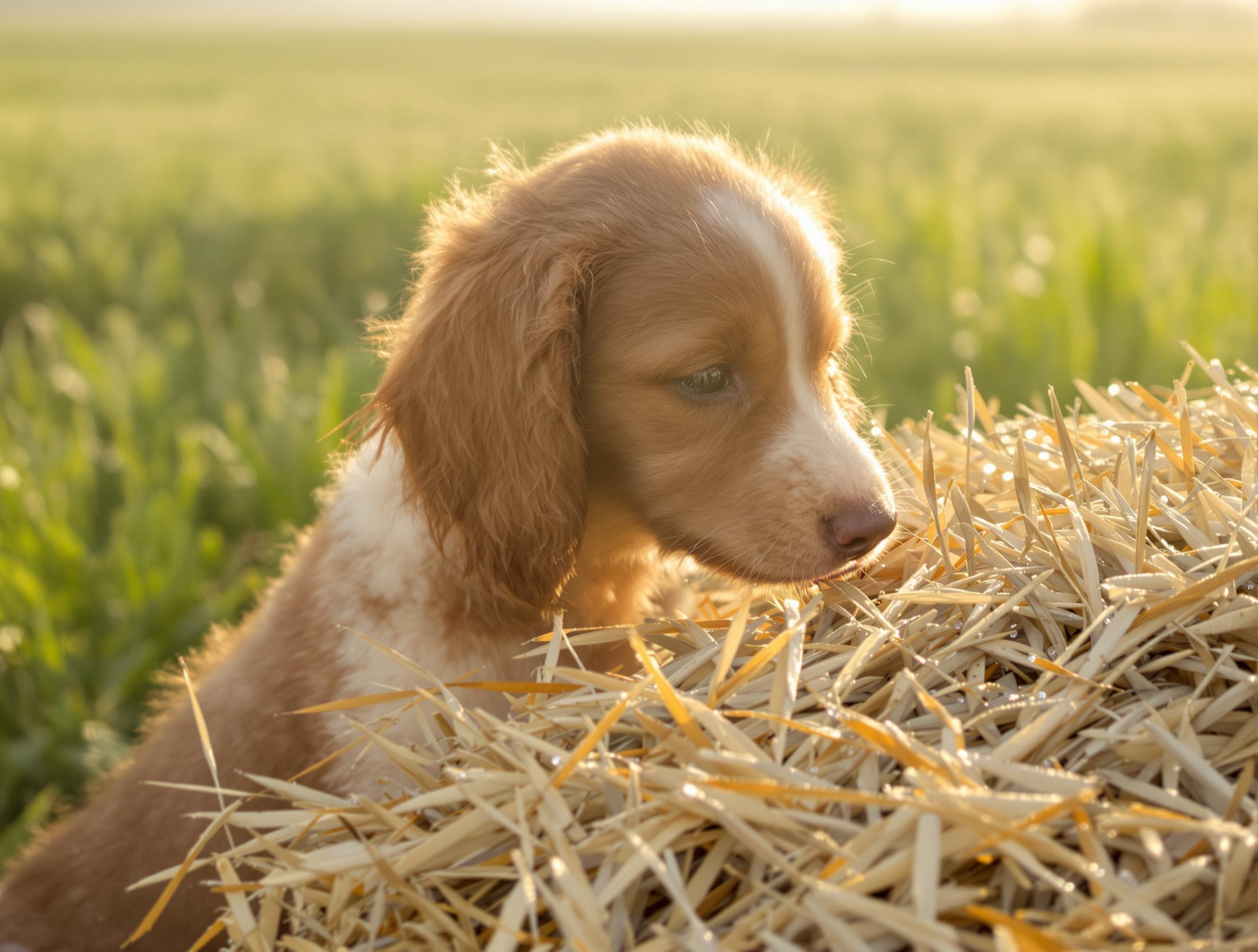 Chiot breton reniflant une botte de paille avant de manger