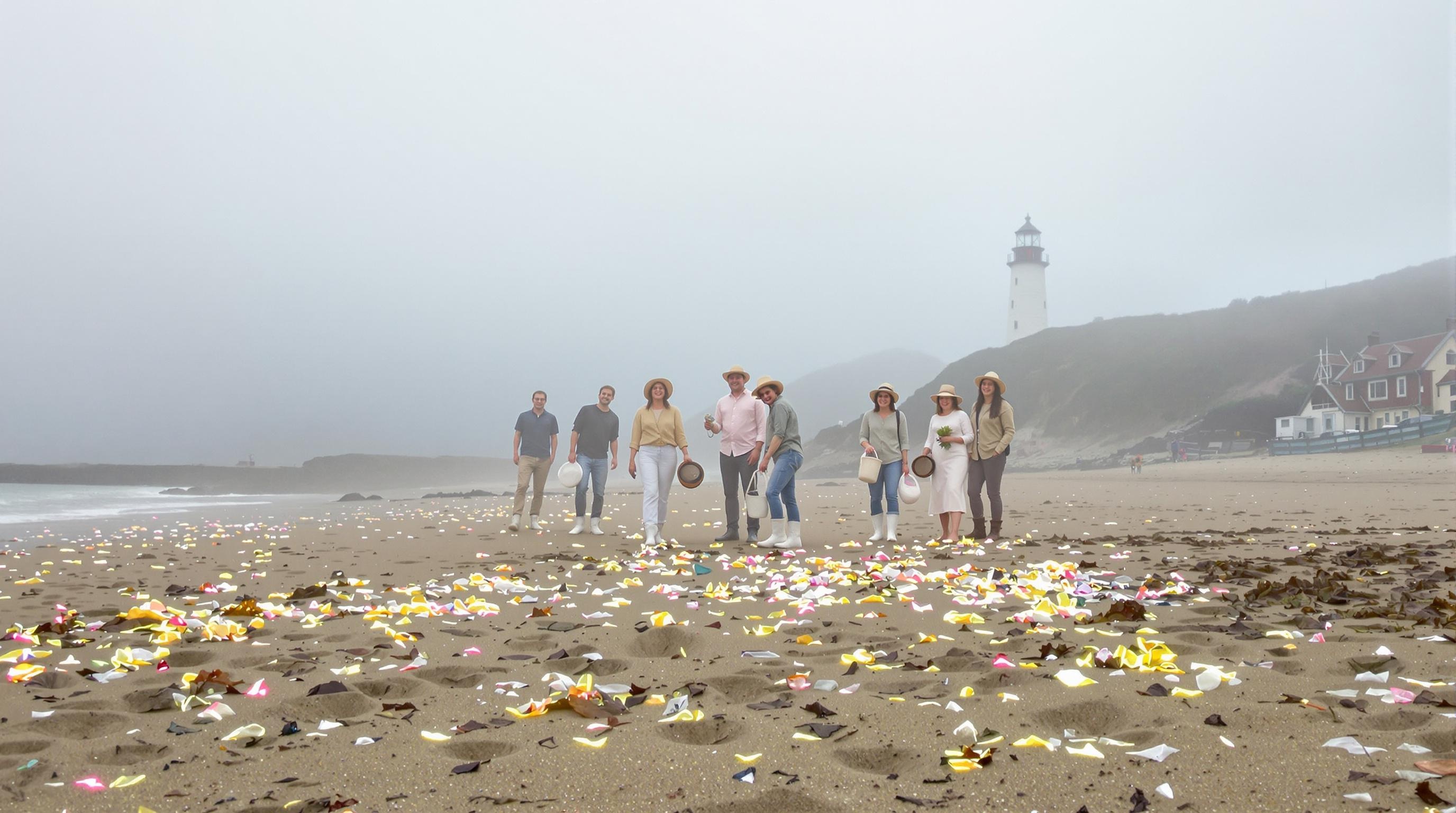 Citoyens bretons ramassant des microplastiques sous les brumes avec des chapeaux de paille, phare en arrière-plan.