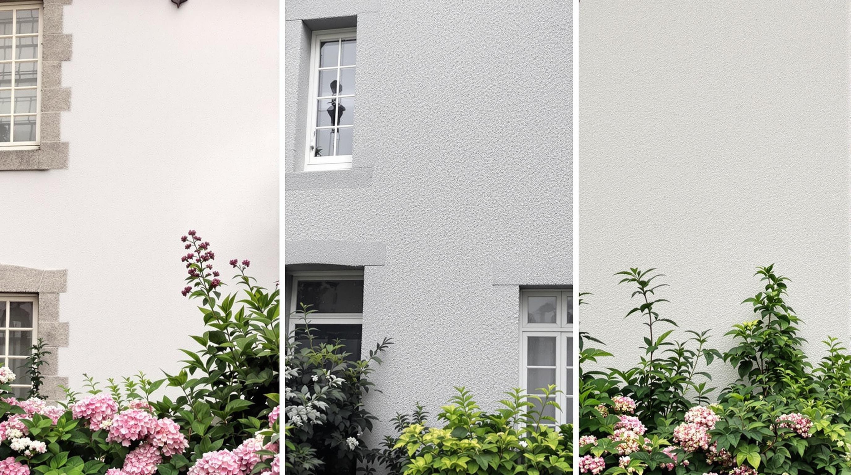 Finitions d'enduit de façade : taloché, gratté, lissé sur maison en granit breton