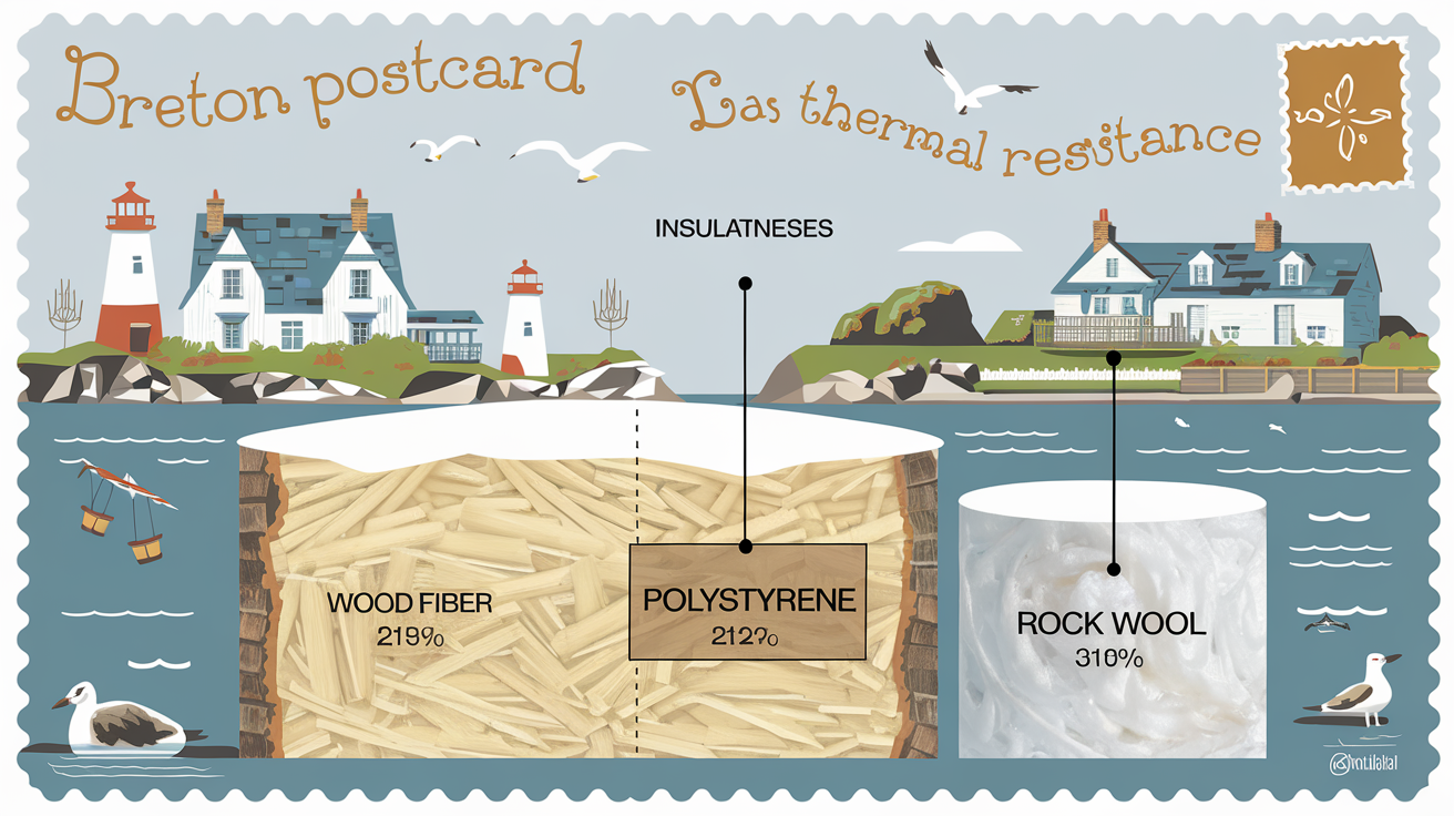 Comparaison visuelle des épaisseurs : laine de bois, polystyrène et laine de roche