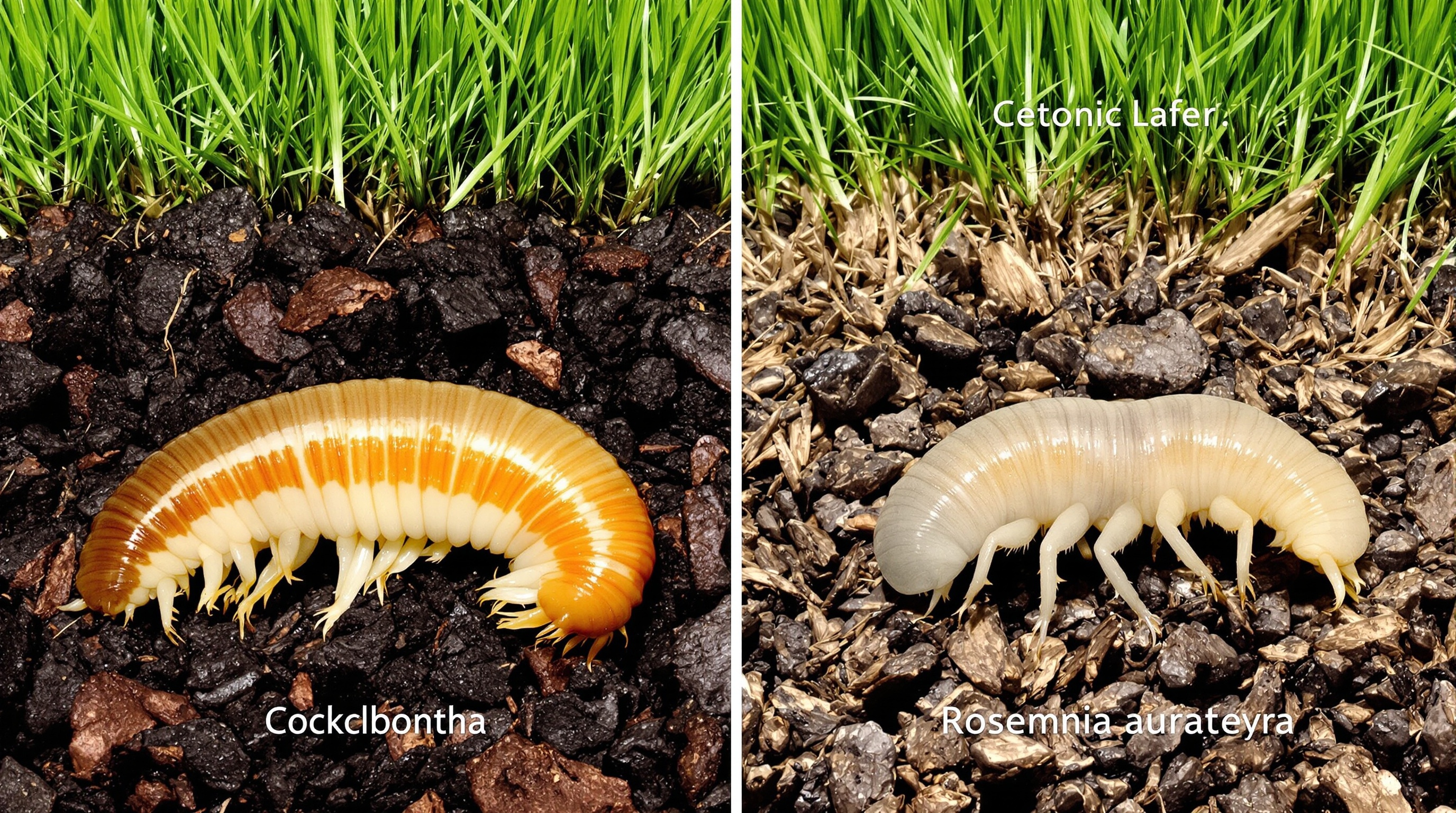 Comparaison visuelle entre larve de hanneton et larve de cétoine dorée dans leur habitat naturel