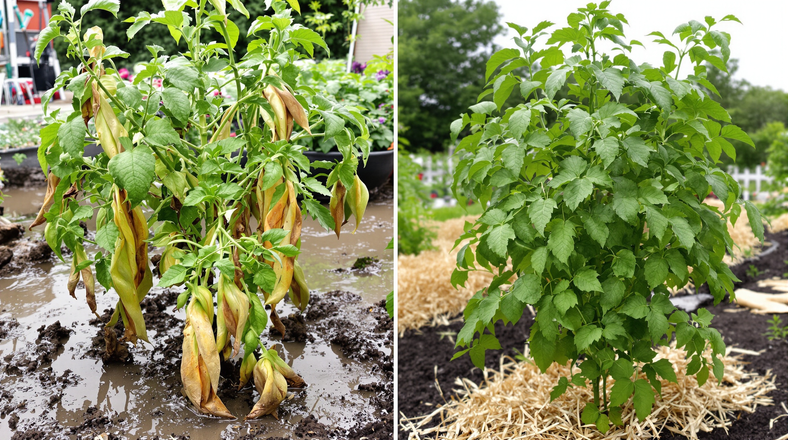 Plant de tomate aux feuilles molles et jaunies par excès d'eau vs plant vigoureux paillé