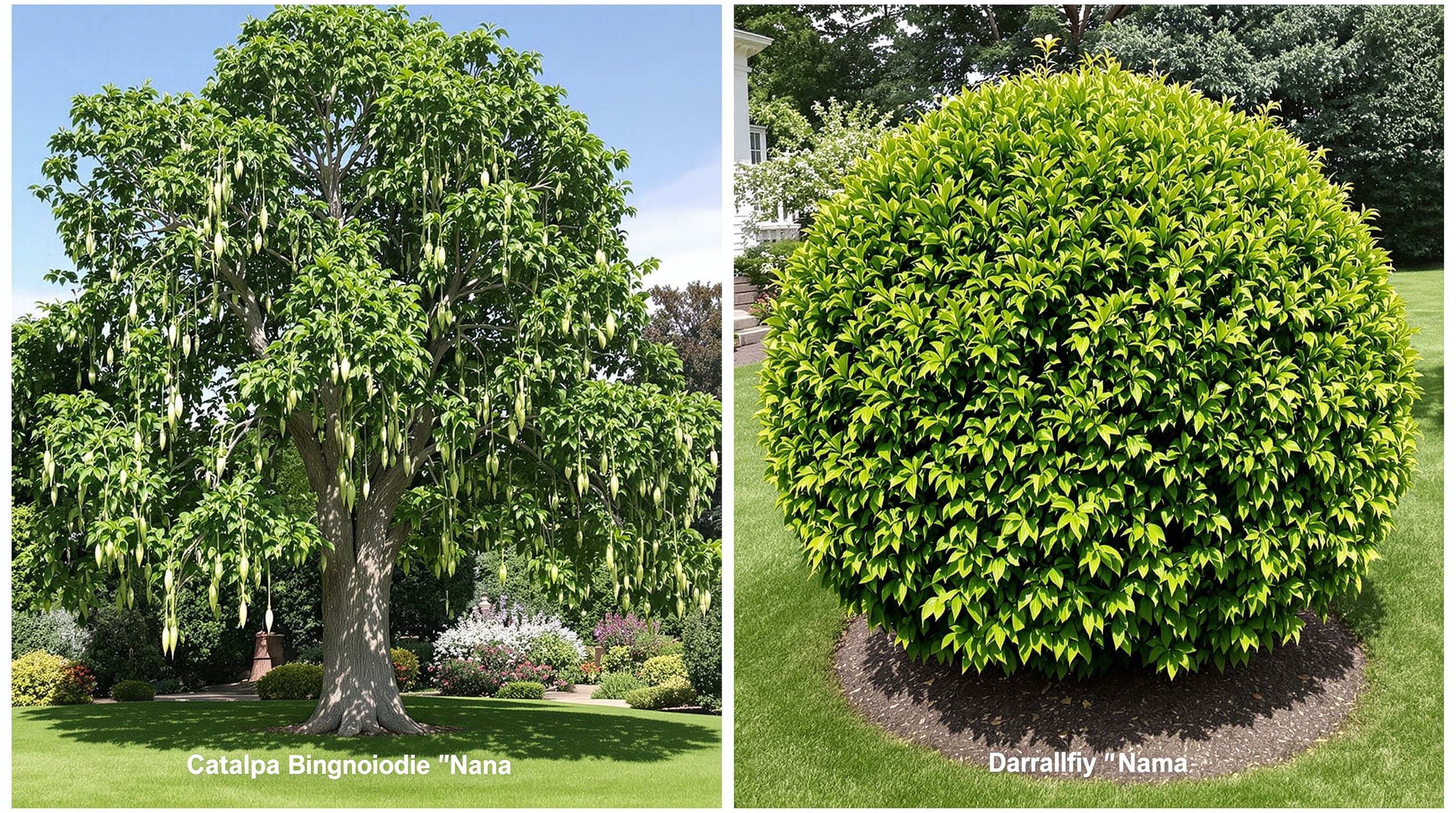 Comparaison Catalpa bignonioides adulte vs Catalpa boule Nana compact