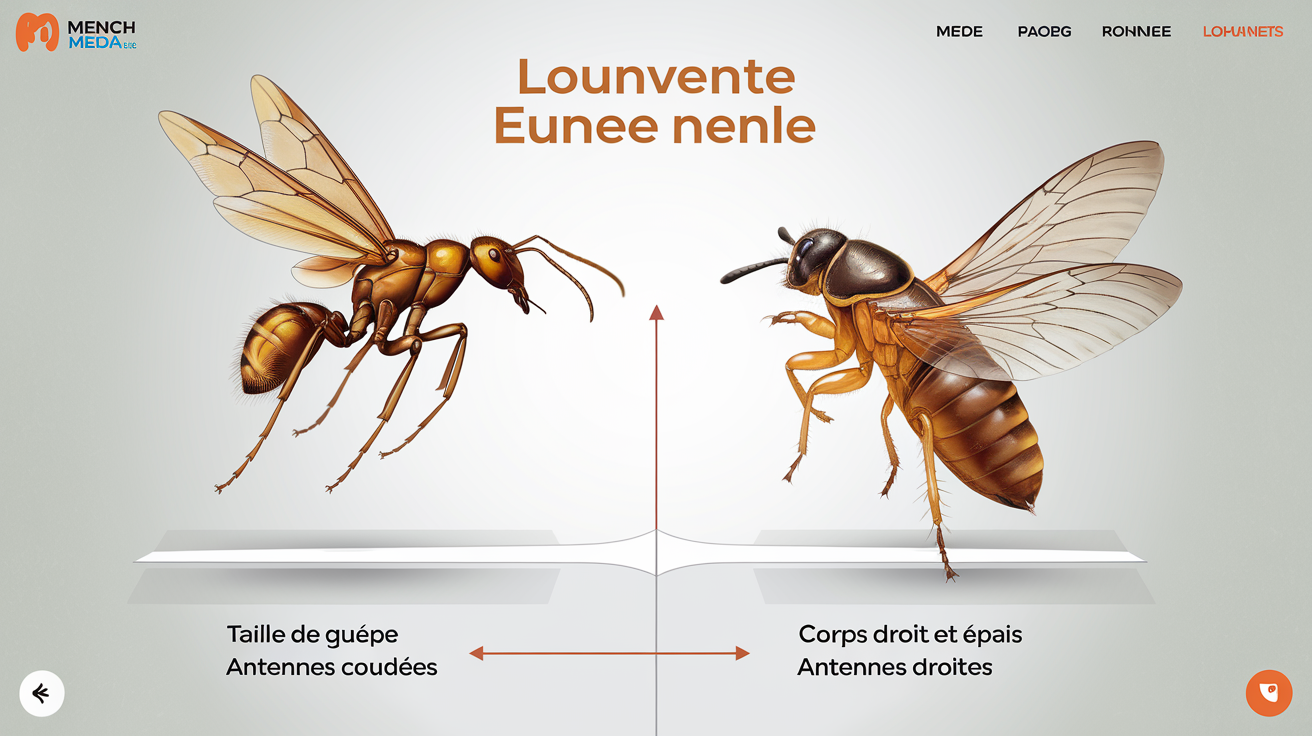 Comparatif visuel fourmi volante vs termite ailé – Expliquer et flécher clairement les différences.