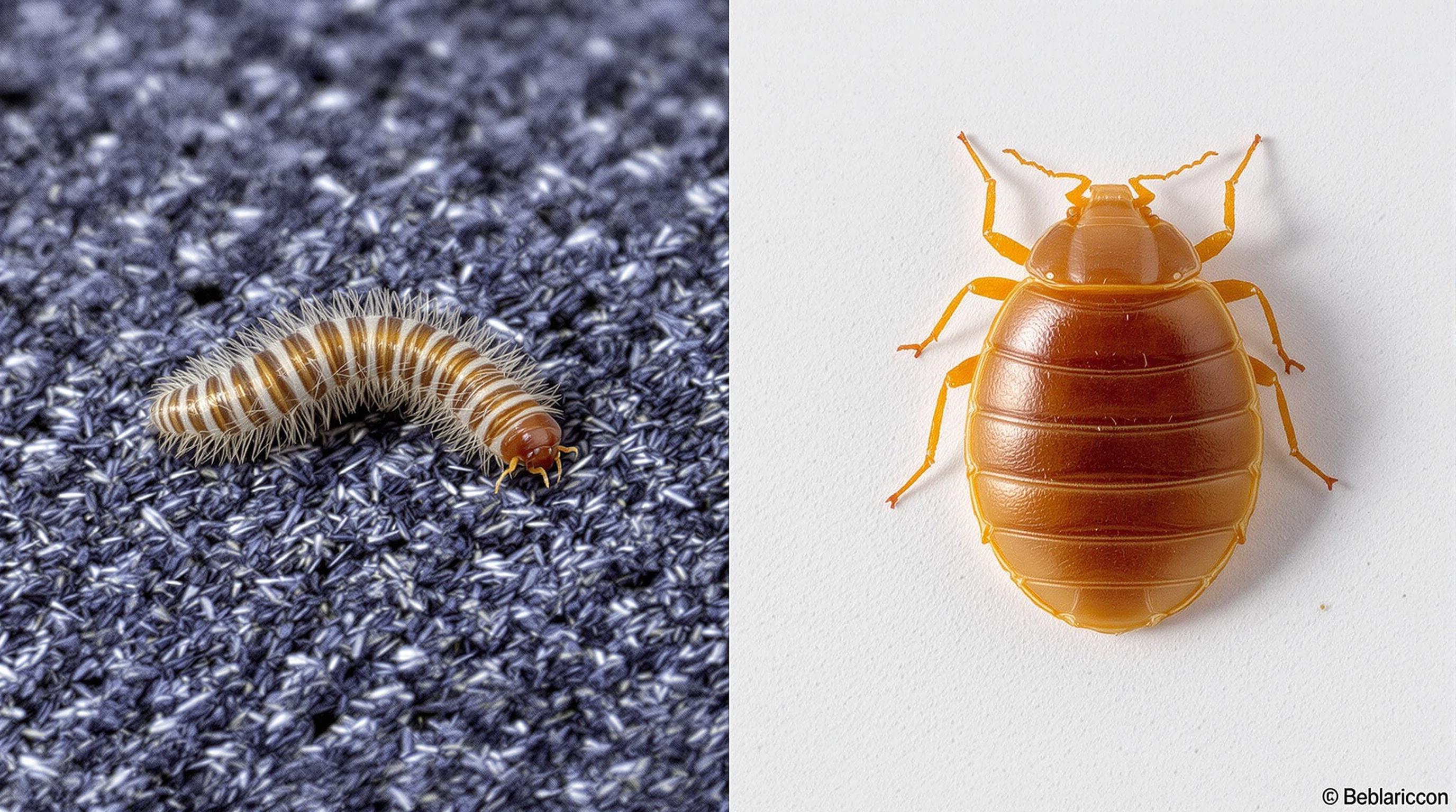 Comparatif visuel larve d'anthrène vs punaise de lit : larve à gauche (poilue, ovale), punaise adulte à droite (plate, rousse)