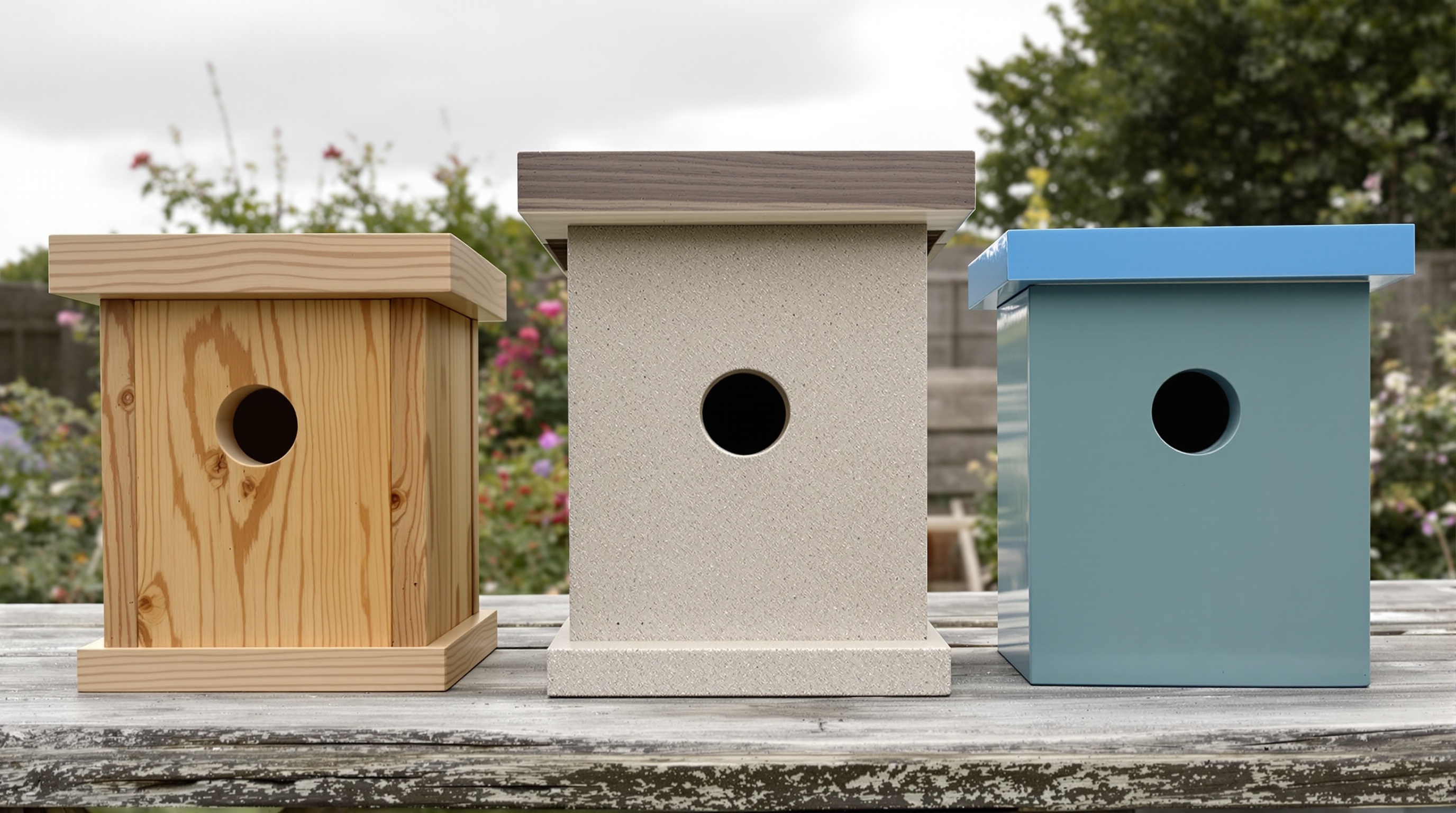 Comparatif nichoirs bois massif béton de bois plastique sur table de jardin bretonne