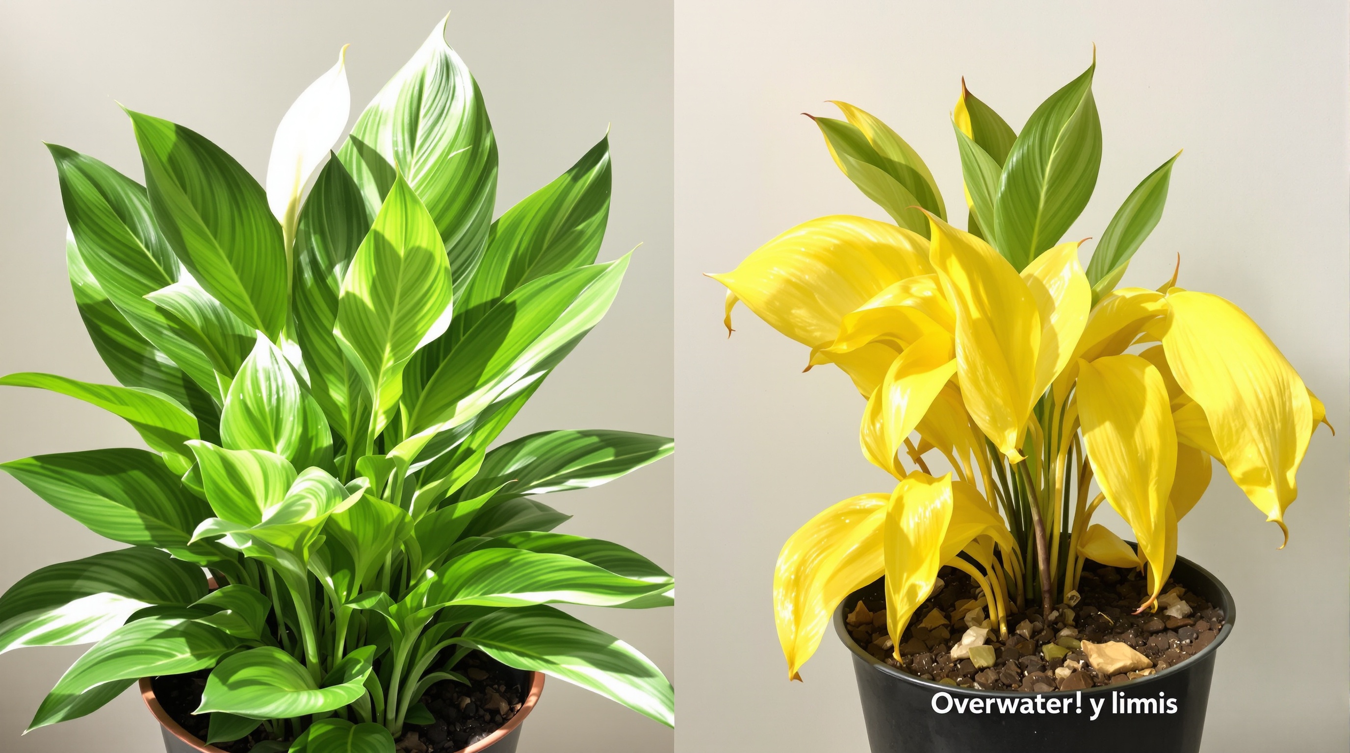 Comparatif : Spathiphyllum sain vs trop arrosé, feuilles jaunes pendantes.