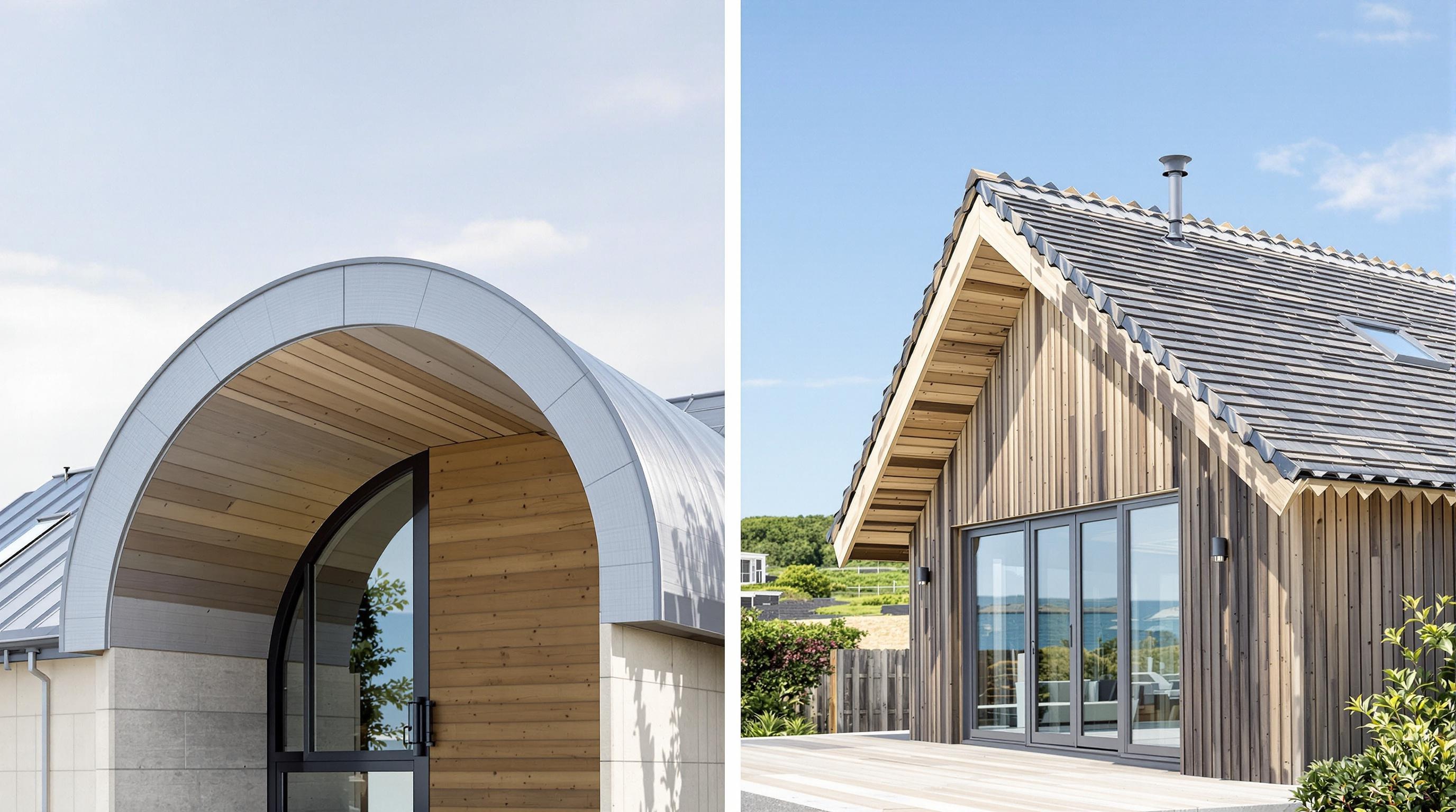Comparatif visuel entre toiture cintrée et shed en bac acier et bois, avec lumière naturelle en Bretagne.