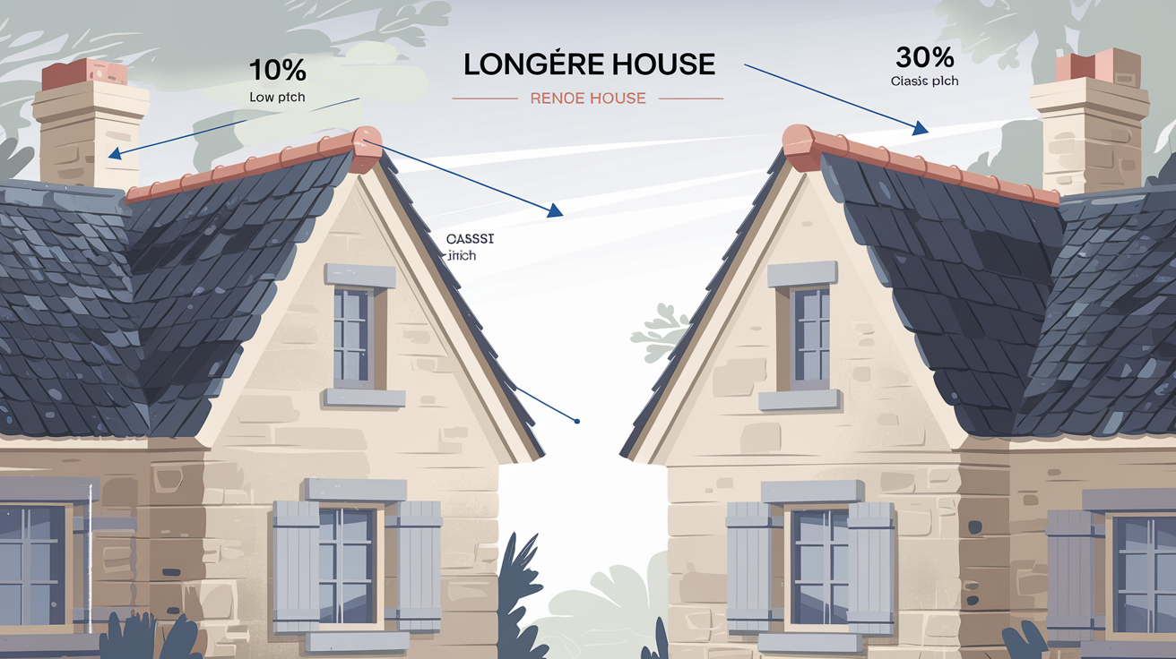 Schéma comparatif des profils de longère bretonne : toiture à 10 % vs toiture à 30 %.
