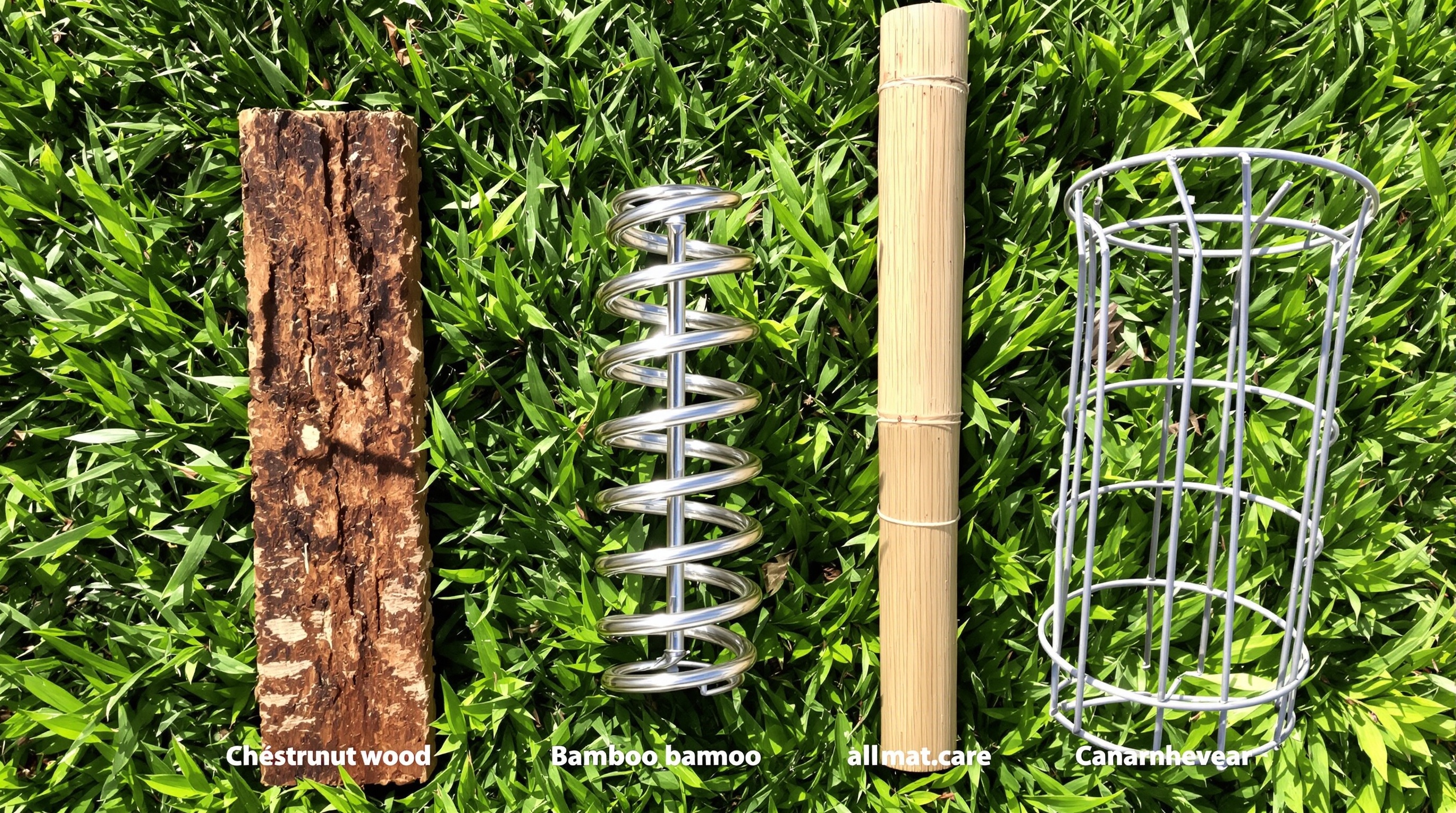 Comparatif visuel de tuteurs à tomates : bois brut châtaignier, spirale métal, bambou et cage cylindrique.