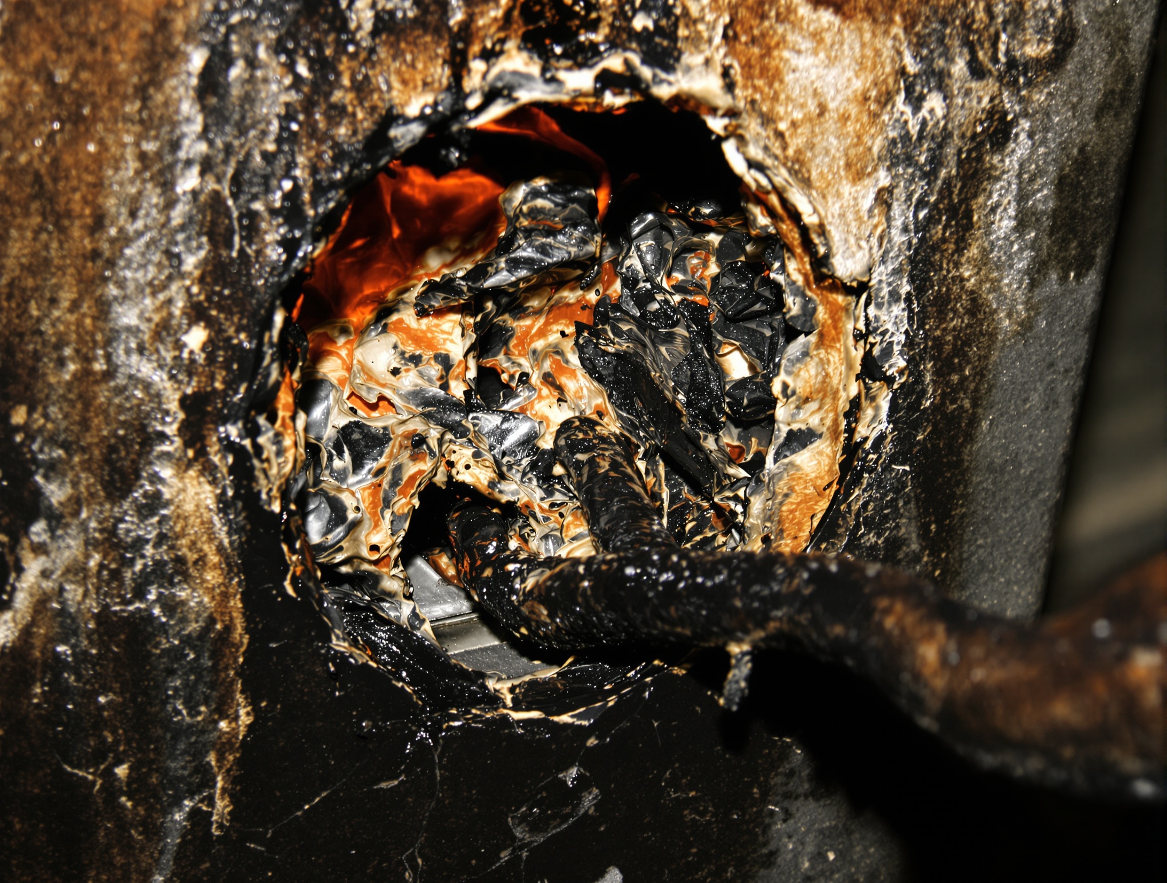 Prise électrique fondue montrant des traces de brûlure : illustration d'un risque d'incendie suite à une surchauffe.