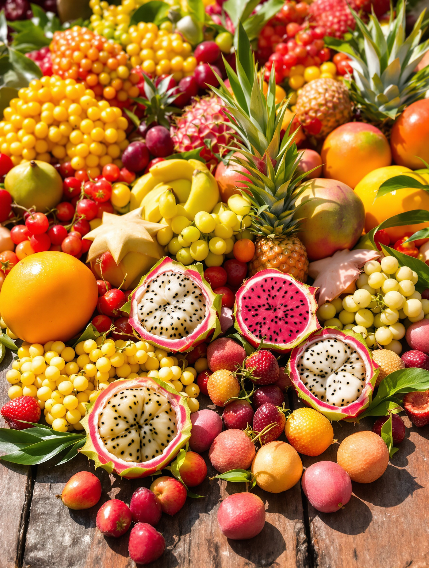 Composition lumineuse de fruits exotiques colorés sur une table en bois brut : jujubes, jamalacs et autres merveilles du monde végétal.