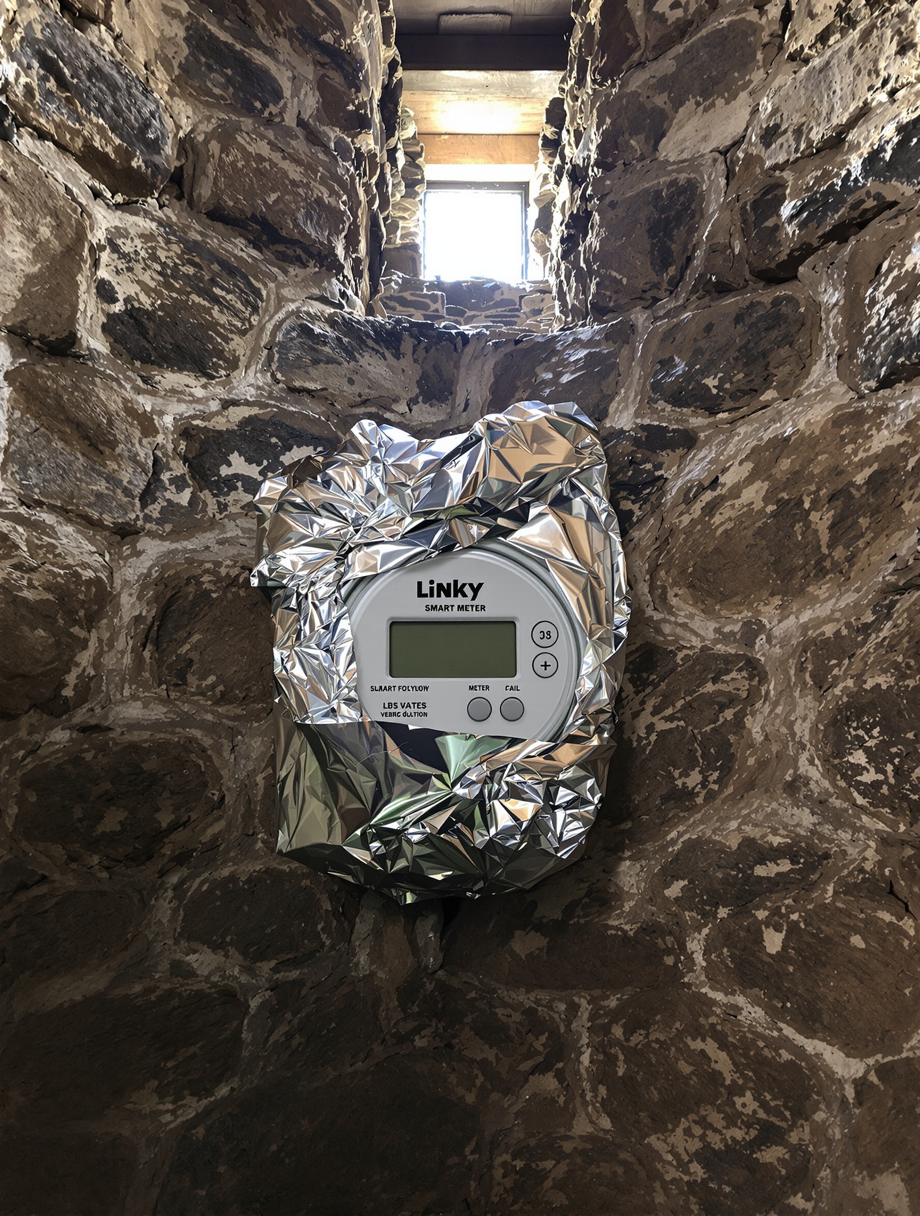 Compteur Linky entouré maladroitement de papier aluminium dans une maison ancienne bretonne