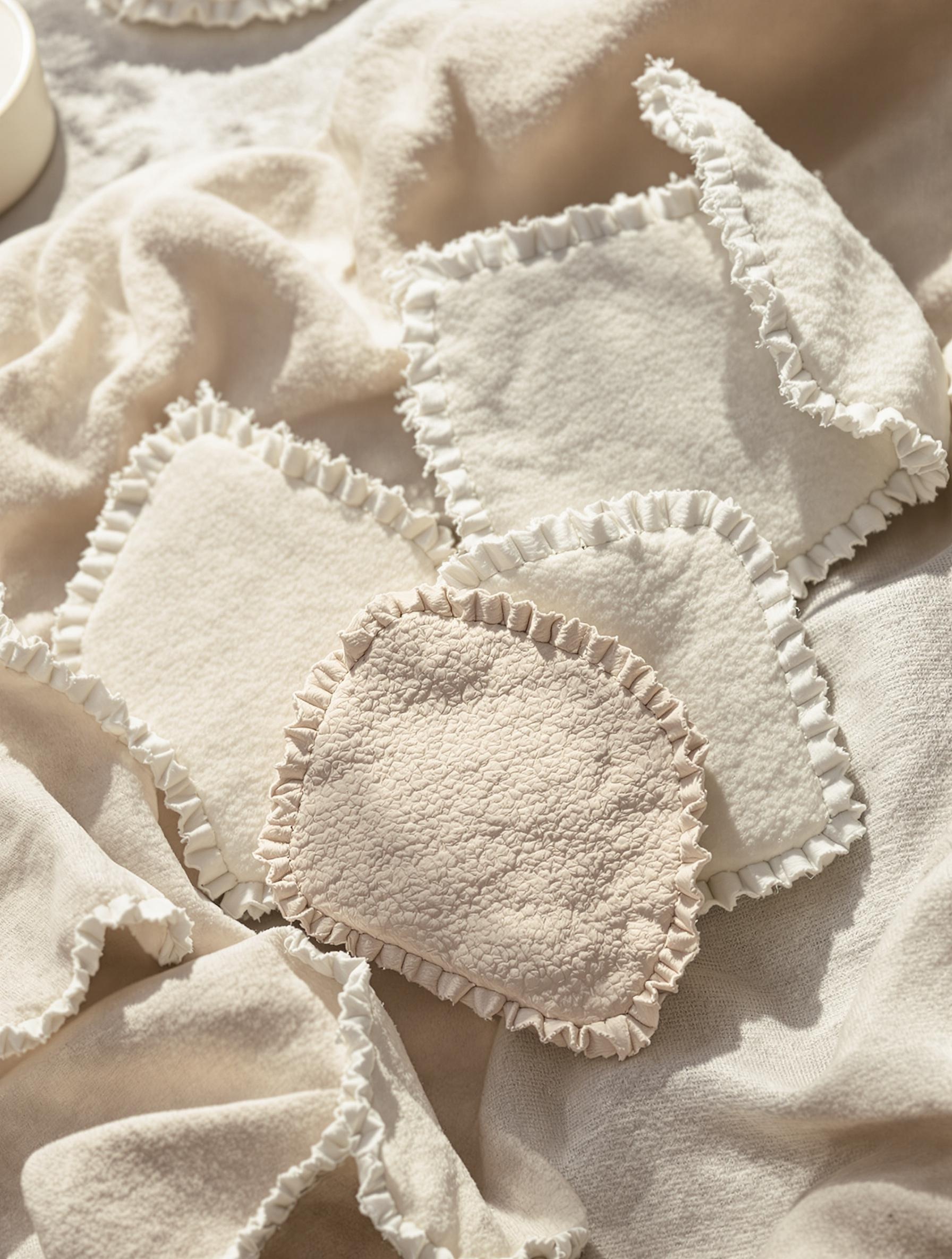 Cotons réutilisables en coton bio, éponge bambou et tissu polaire sur fond de lin naturel