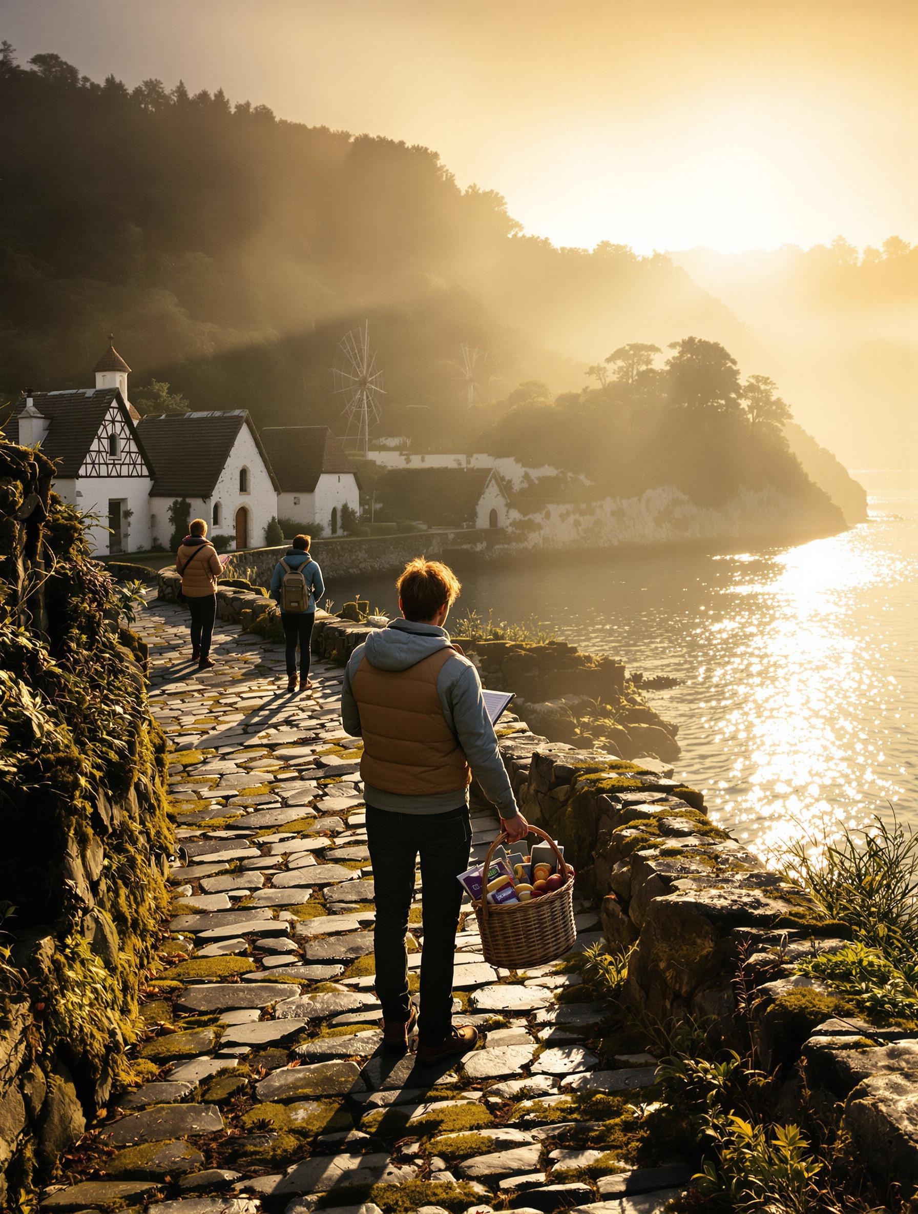 Voyageurs contemplant la ria de Pont-Aven au coucher du soleil avec carnet à croquis et panier garni.