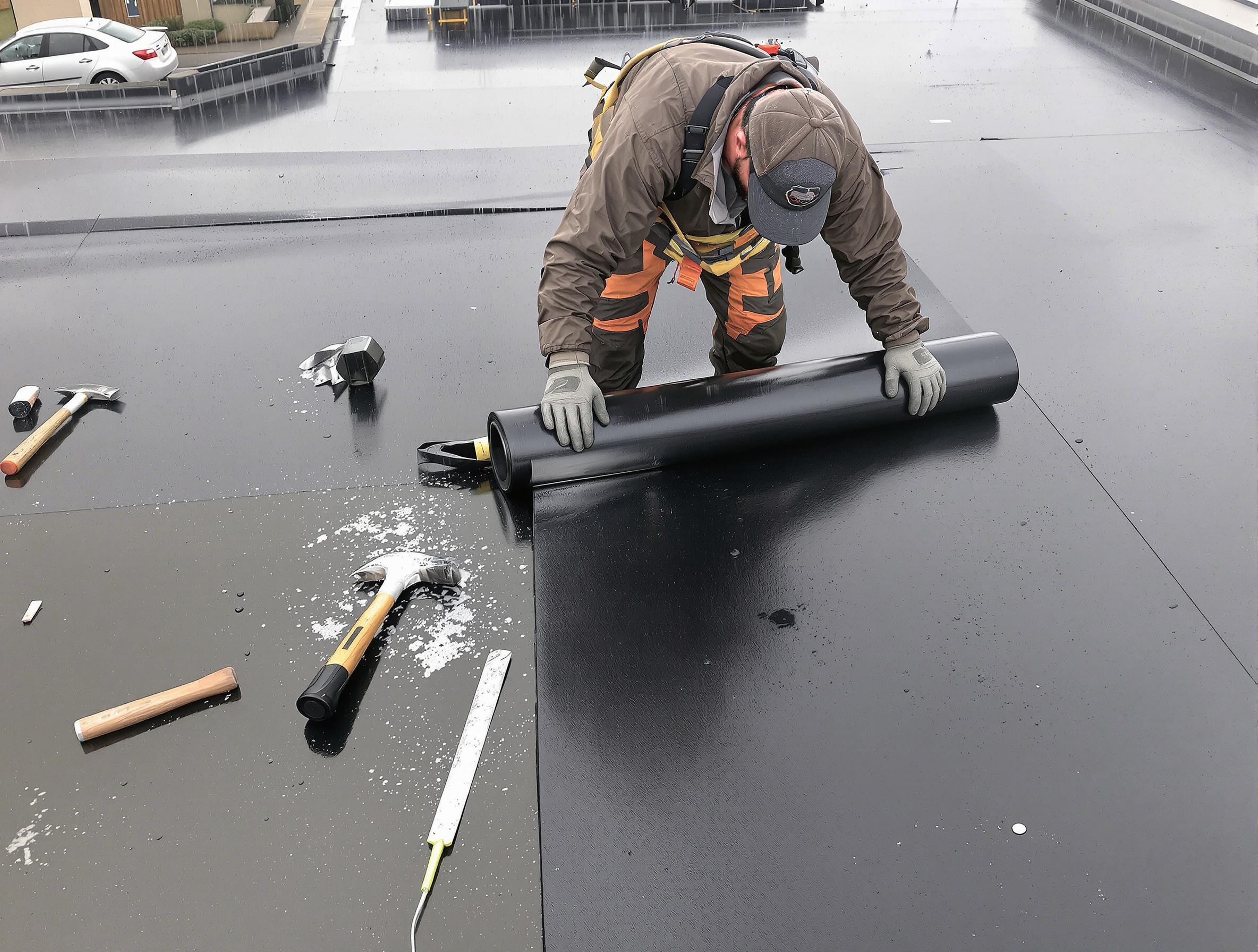 couvreur breton posant une membrane EPDM sous la bruine sur un toit plat