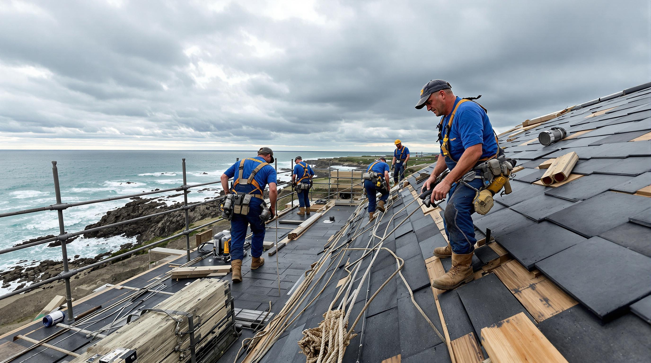 couvreurs bretons travaillant sur un toit-terrasse difficile d'accès avec échafaudage et vue sur la mer