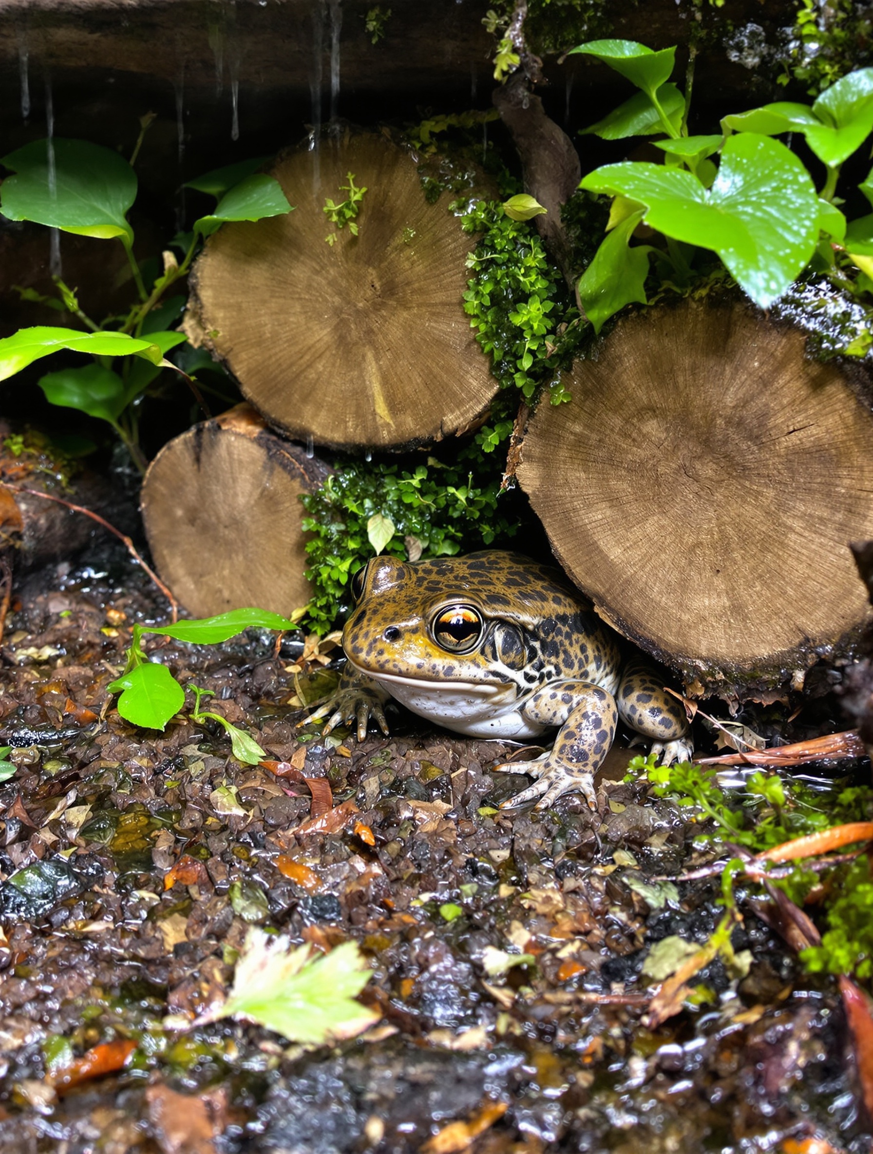Crapaud caché sous un tas de bois dans un jardin breton