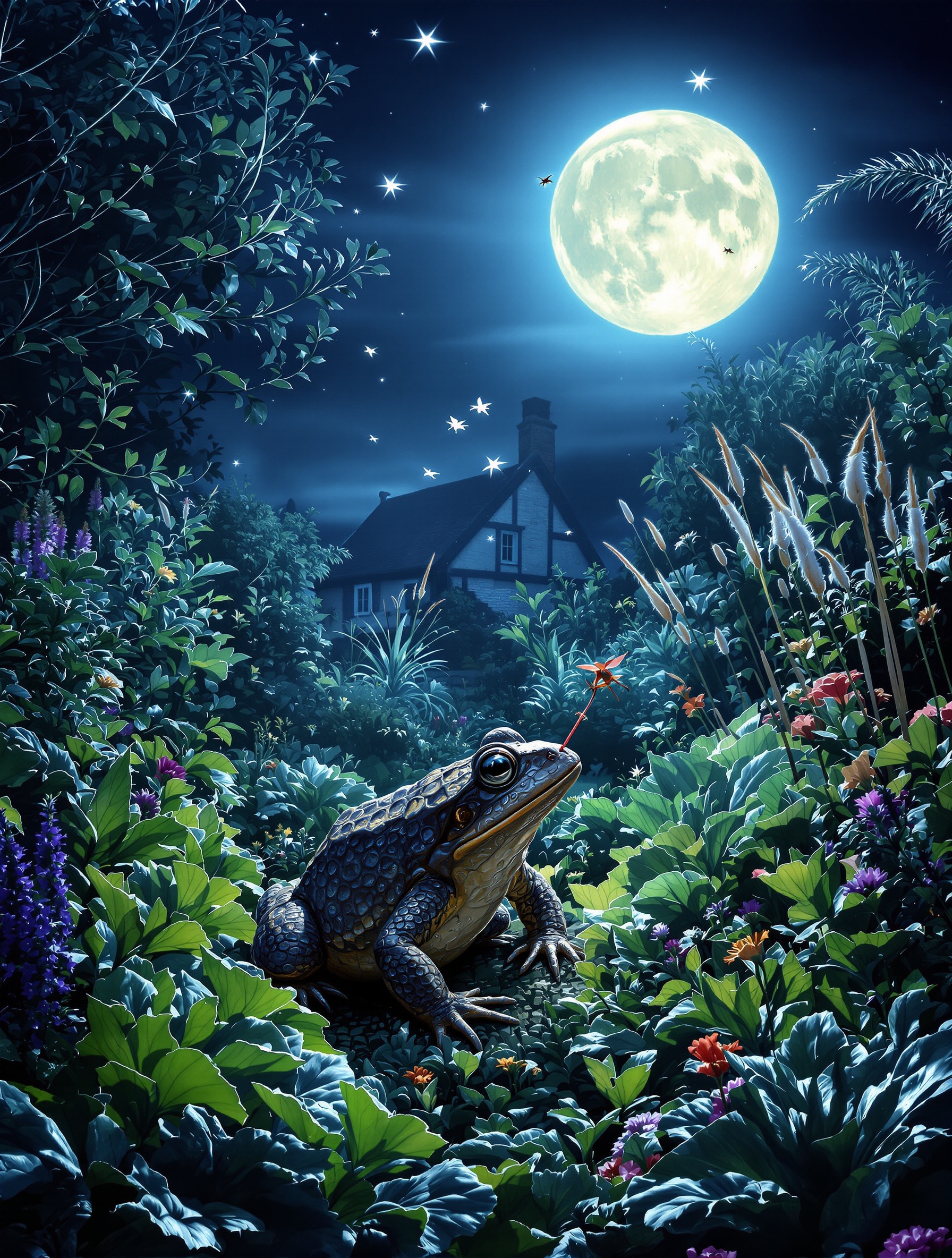 Scène nocturne de crapaud chassant autour d'un potager en Bretagne