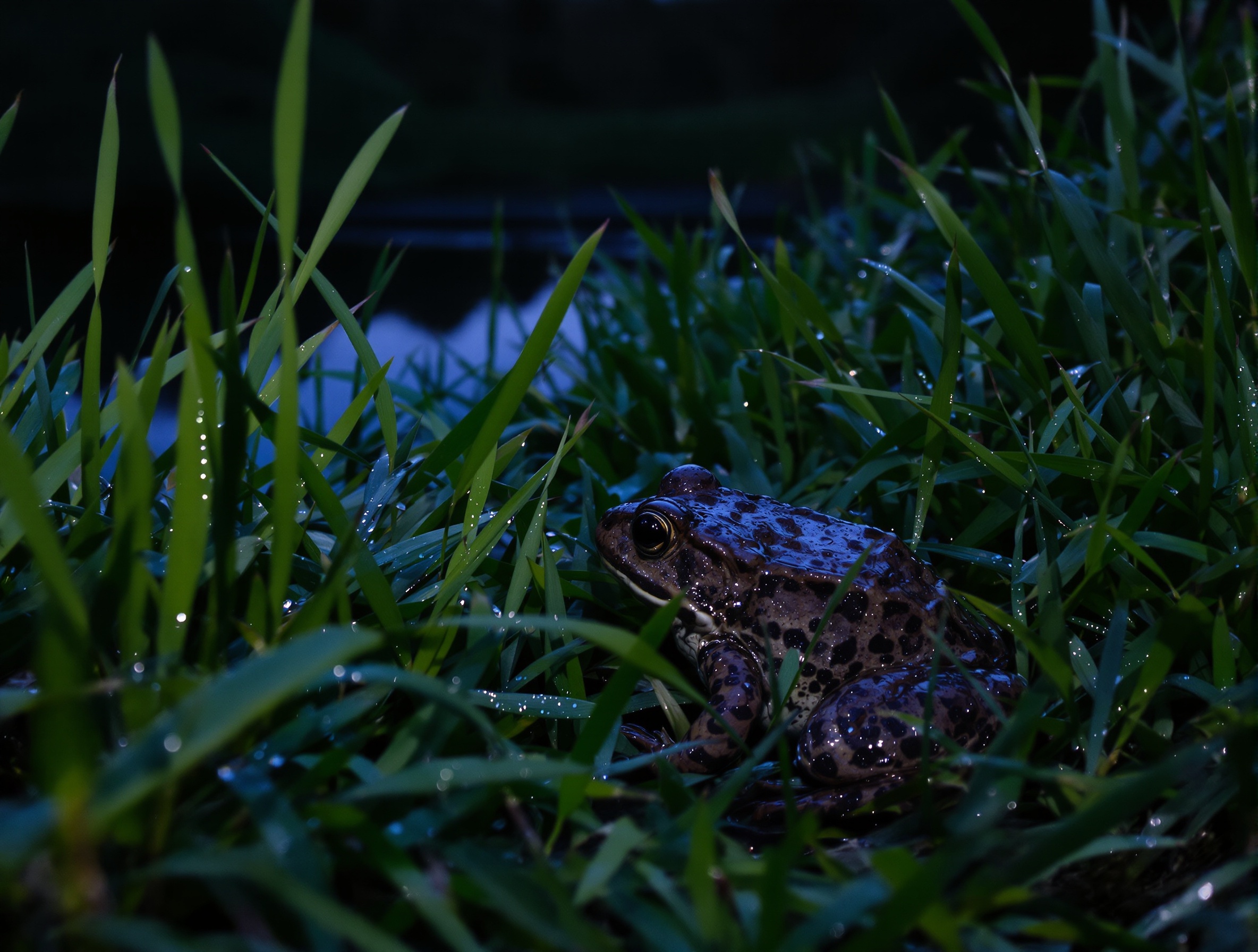 Crapaud commun camouflé dans l'herbe humide près d'un point d'eau au crépuscule