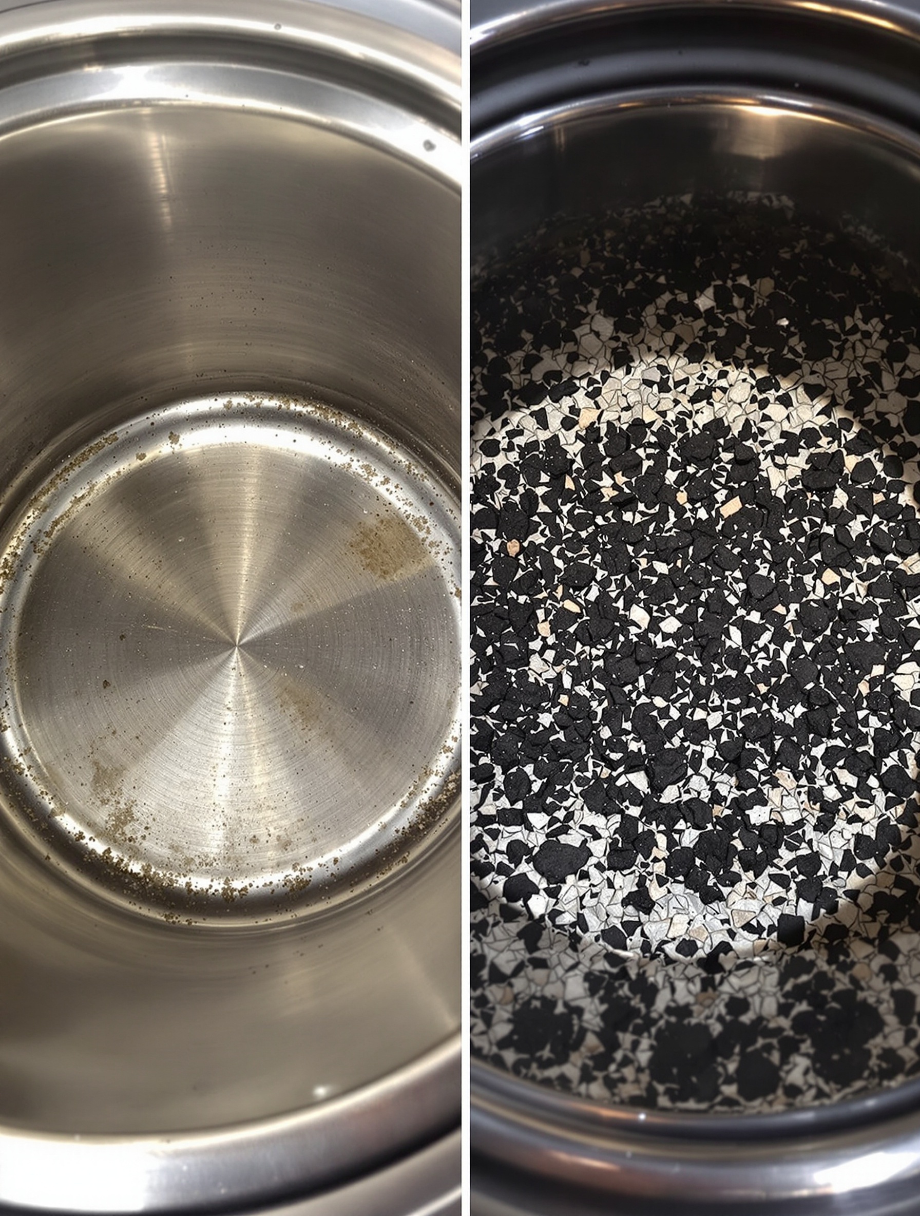 creuset poêle à granulés propre vs rempli de mâchefer