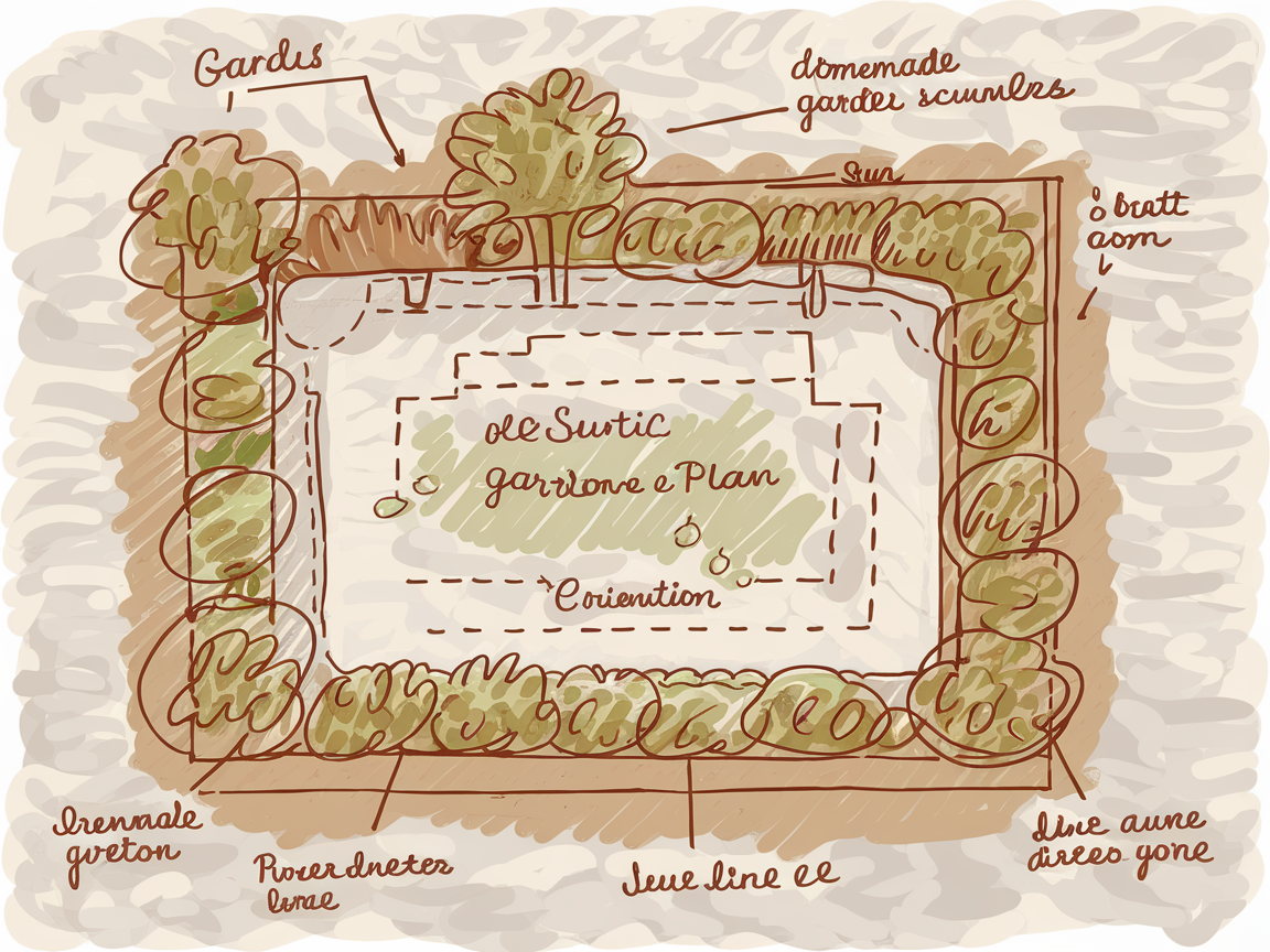 Croquis plan main levée d'un petit jardin breton