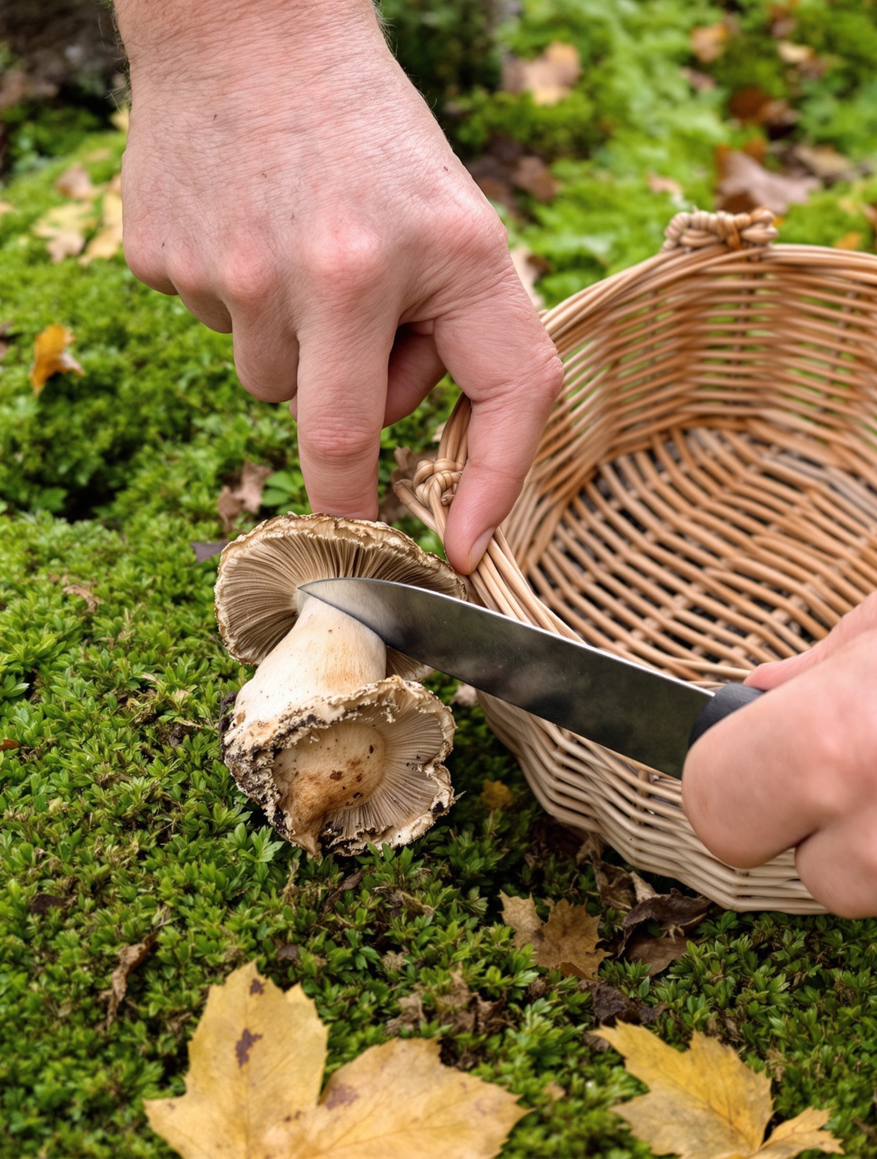 Scène de cueillette de champignons en forêt bretonne, coupe propre du pied, panier ajouré, ambiance automnale