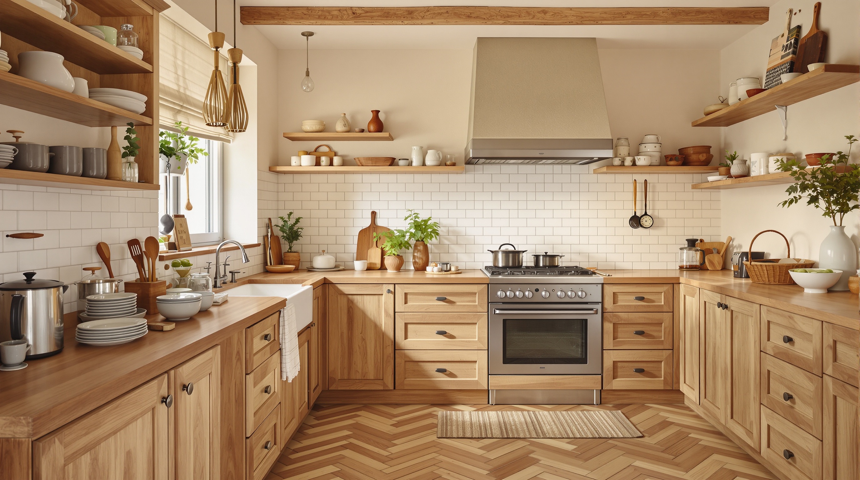 Cuisine chaleureuse bretonne moderne avec parquet bois naturel
