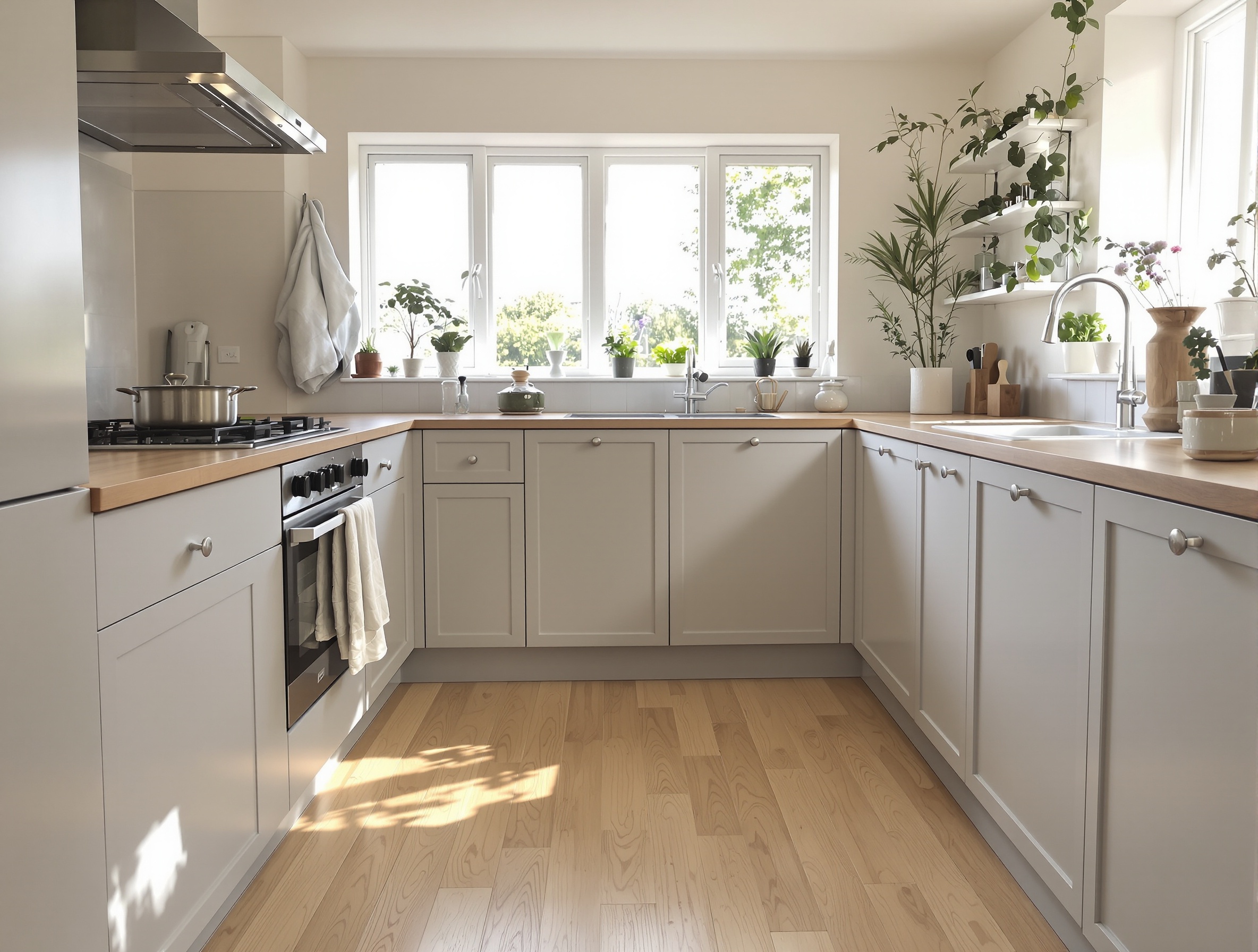 Cuisine bretonne moderne avec parquet bois naturel parfaitement entretenu