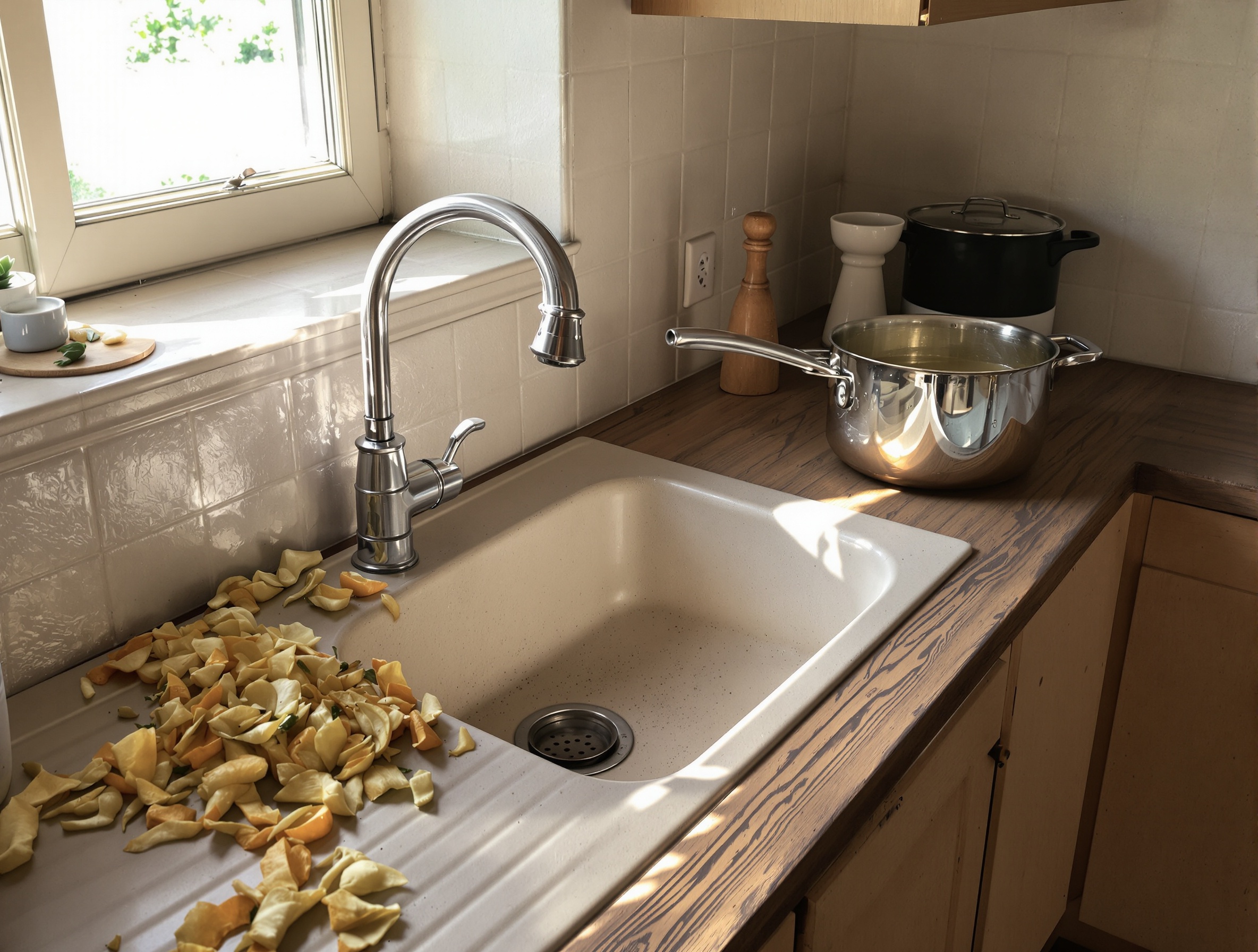 Cuisine familiale bretonne évier filtre passoire épluchures graisse