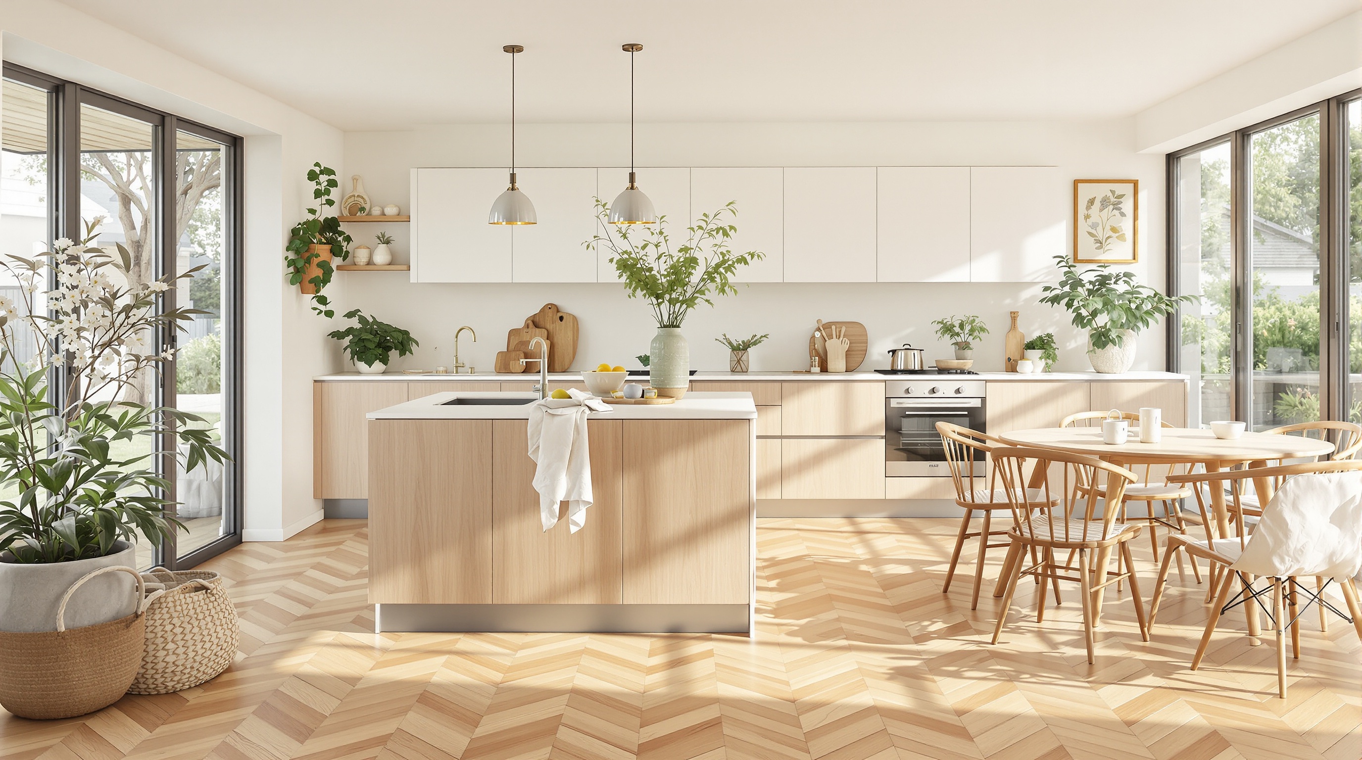 Exemple de parquet en chêne dans une cuisine moderne et lumineuse, mettant en valeur la chaleur naturelle du bois et sa capacité à s'intégrer dans un environnement de vie.