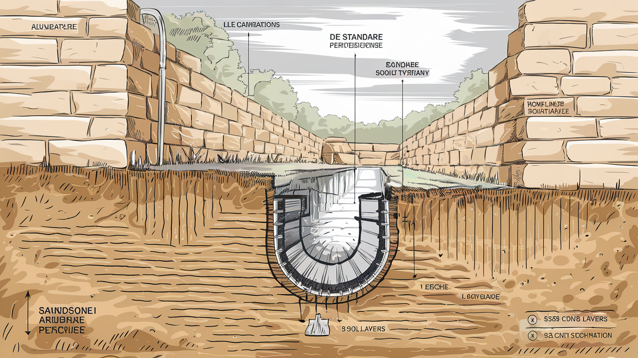 Drain périphérique standard posé à 80 cm, coupe de terrain, murs en grès avec remontée capillaire, sol humide typiquement breton.
