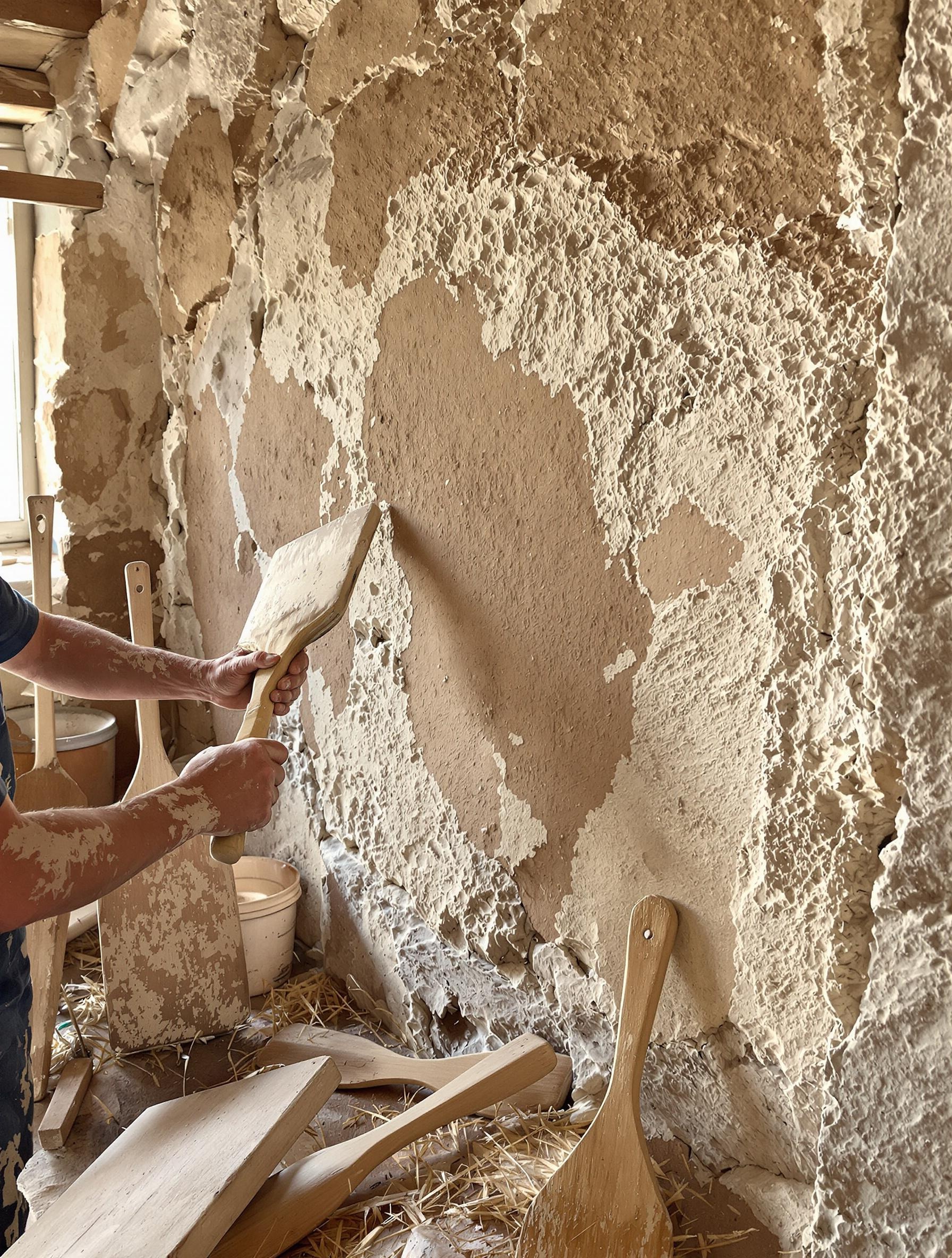 Pose d’un enduit traditionnel paille-pierre sur mur ancien breton