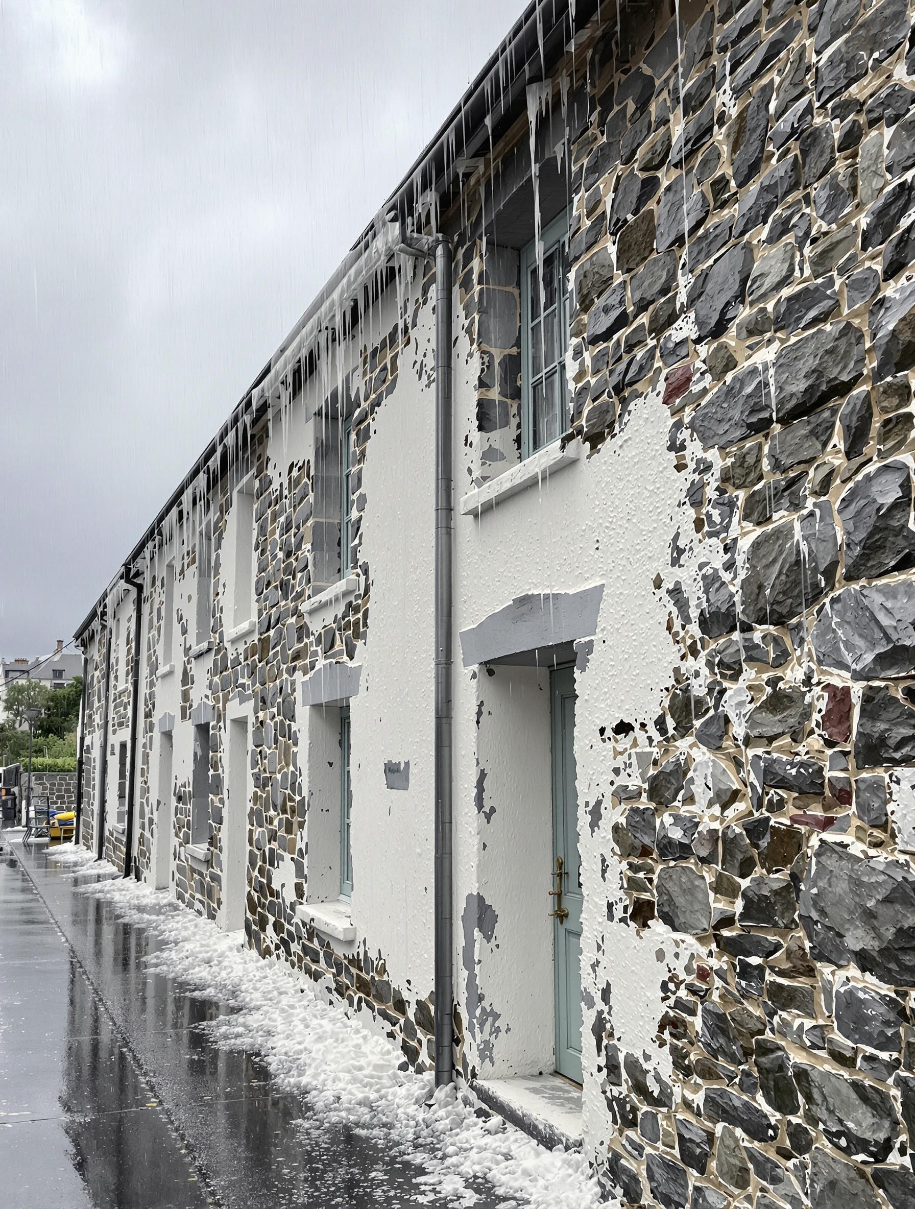 Exemple d’enduit à la chaux appliqué sur une façade typique bretonne sous forte pluie