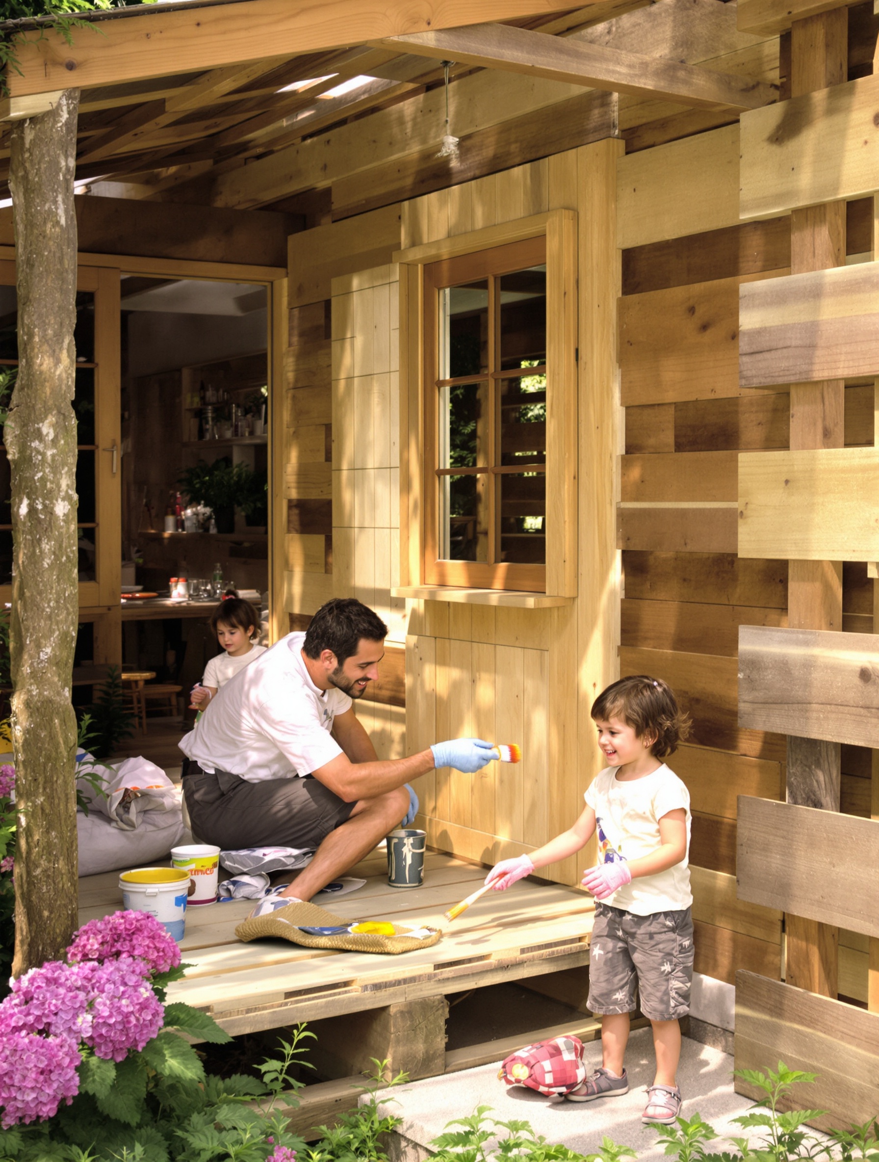 Application de lasure sur une cabane en palettes pour enfants dans un jardin breton