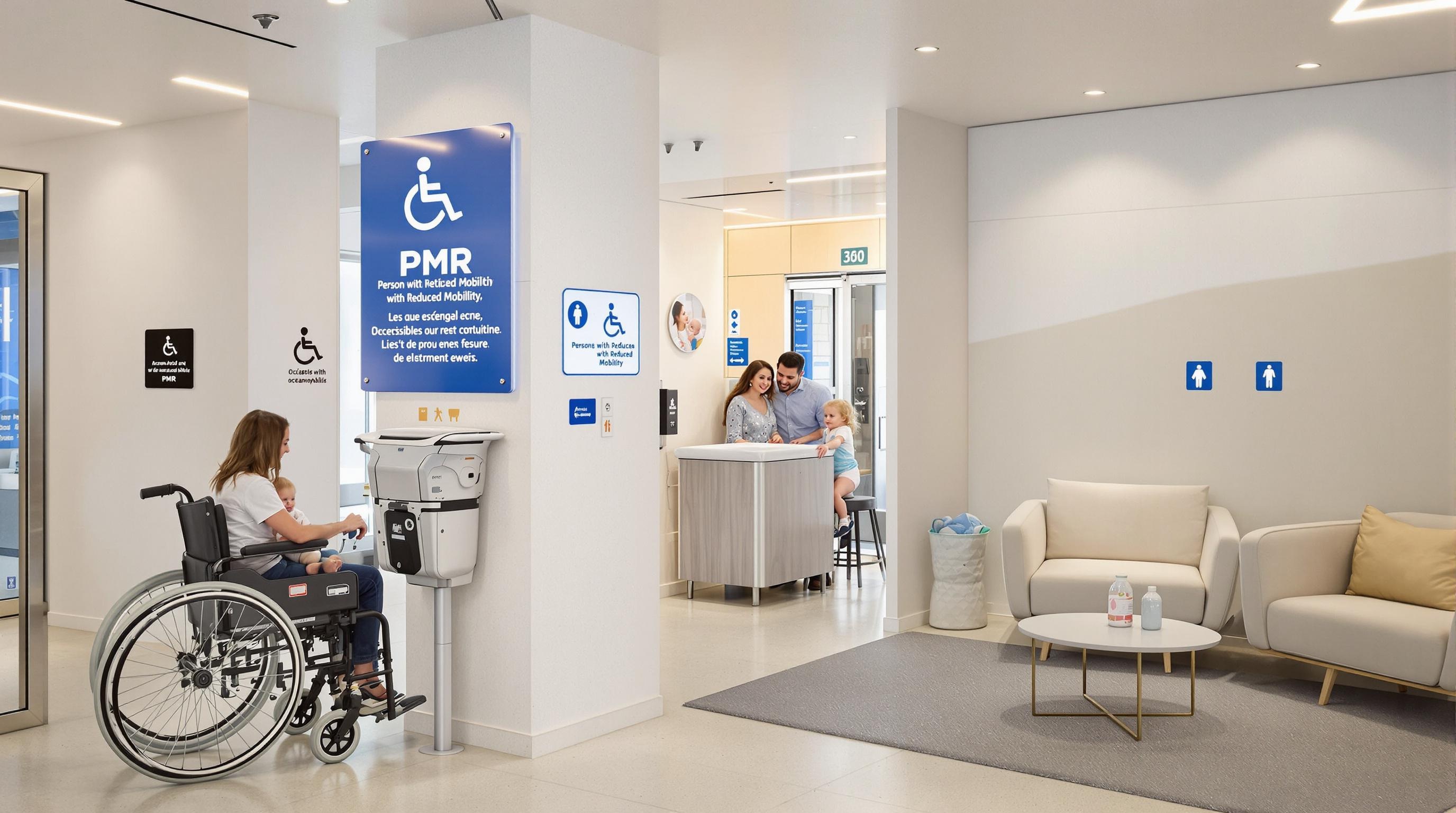 Espace accessible d'Océanopolis avec équipements PMR, table à langer et zone de repos