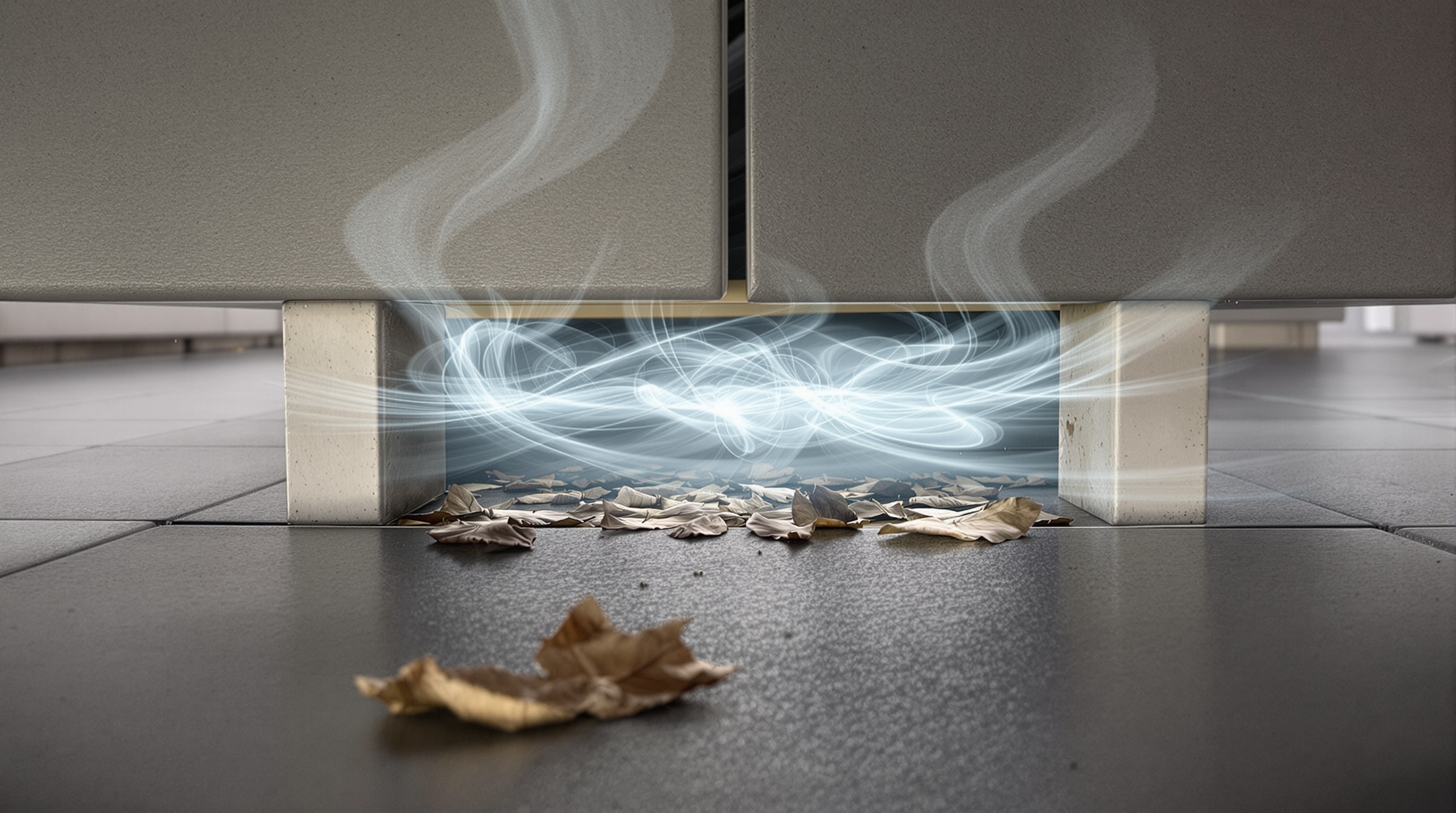 Espace sous des dalles grès cérame sur plots avec feuilles mortes et circulation d'air.