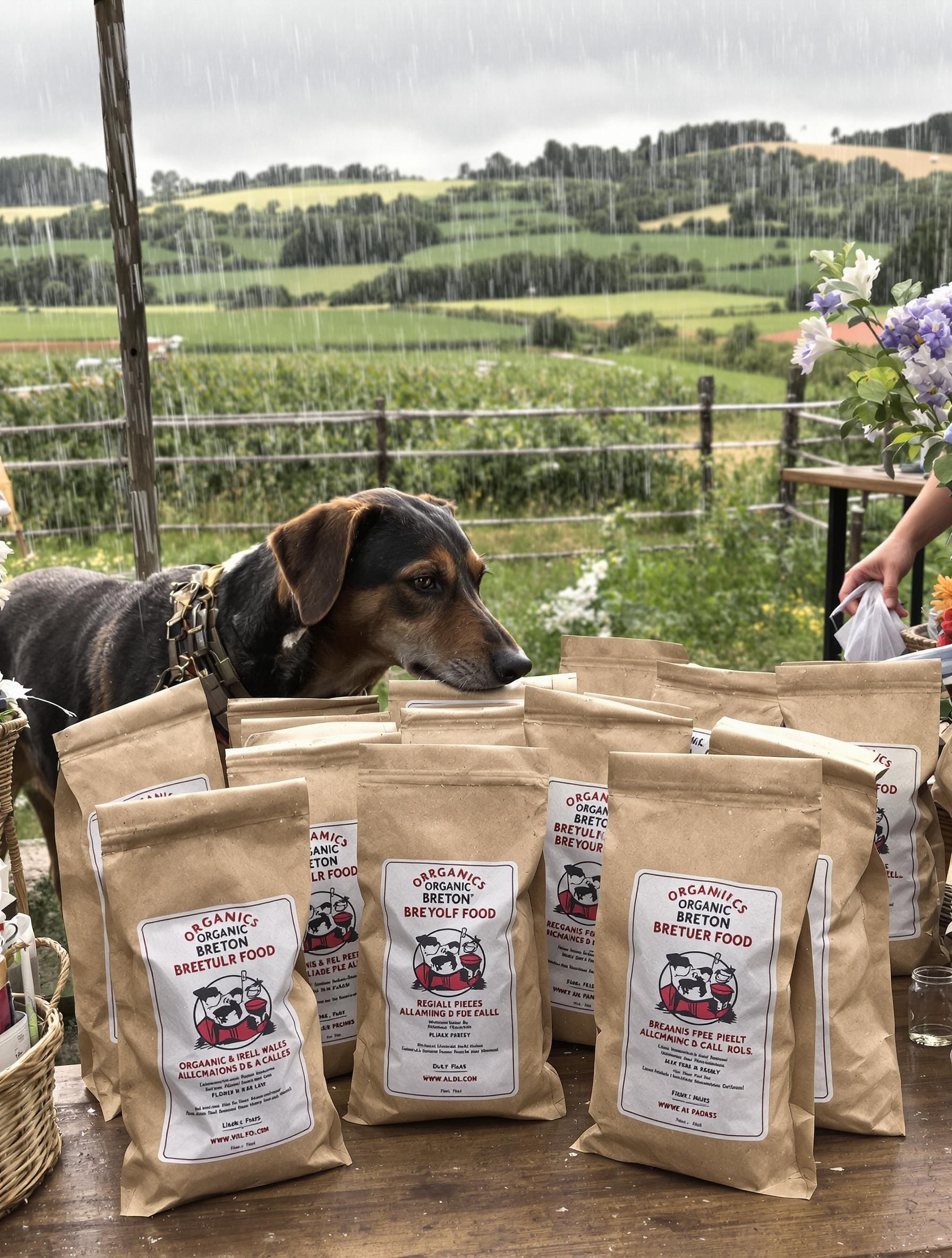 Étal de sacs de croquettes bio bretonnes sous la pluie, avec un chien curieux reniflant.