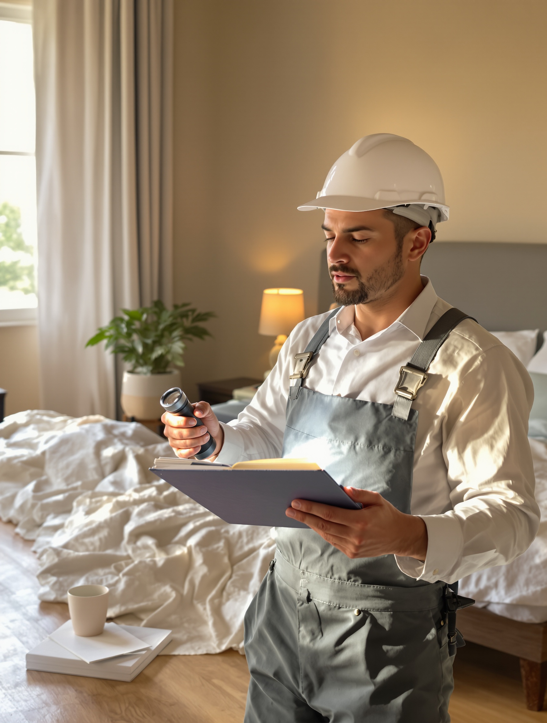 Expert désinsectiseur inspectant une chambre naturelle à la lampe torche