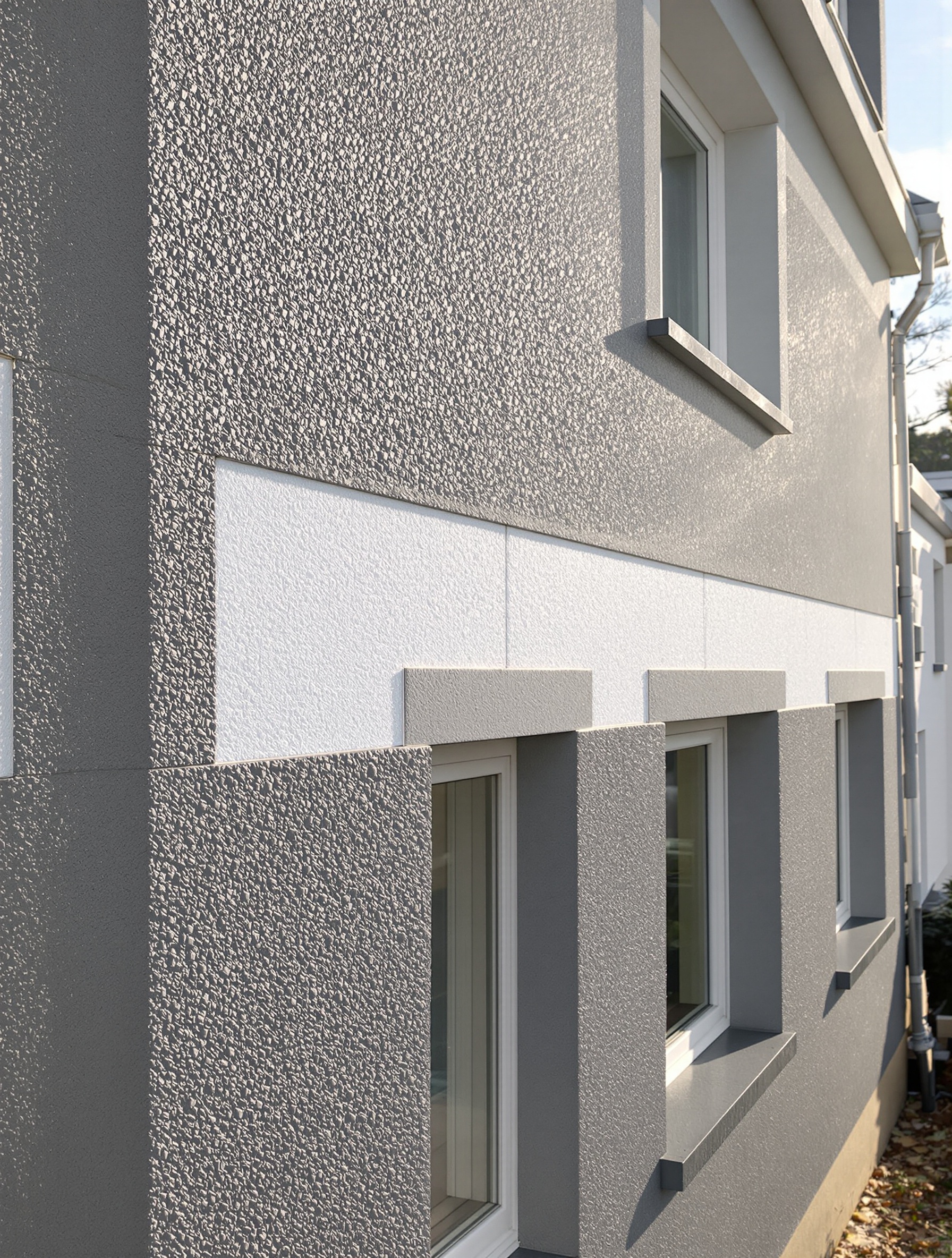 Façade bretonne rénovée avec ITE polystyrène gris et blanc