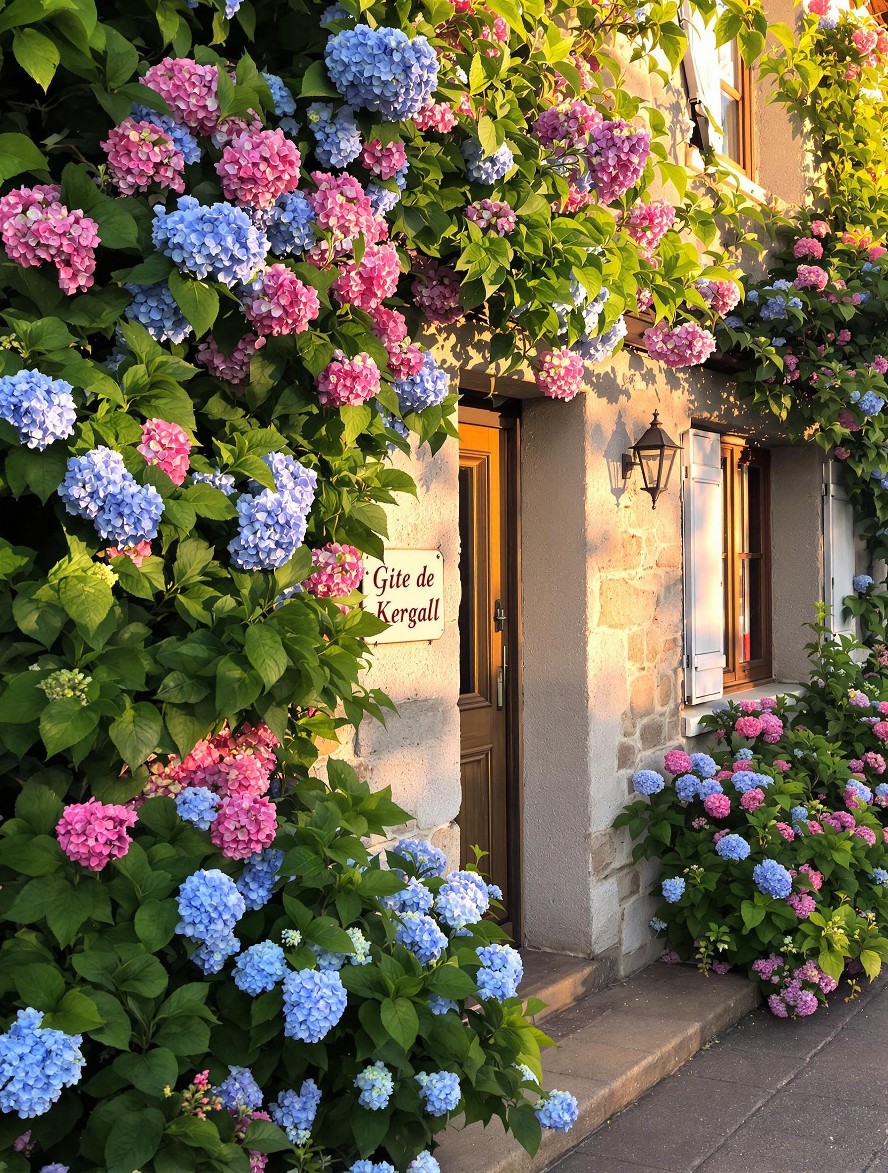Façade gîte rural Kergall hortensias pierres Bretagne